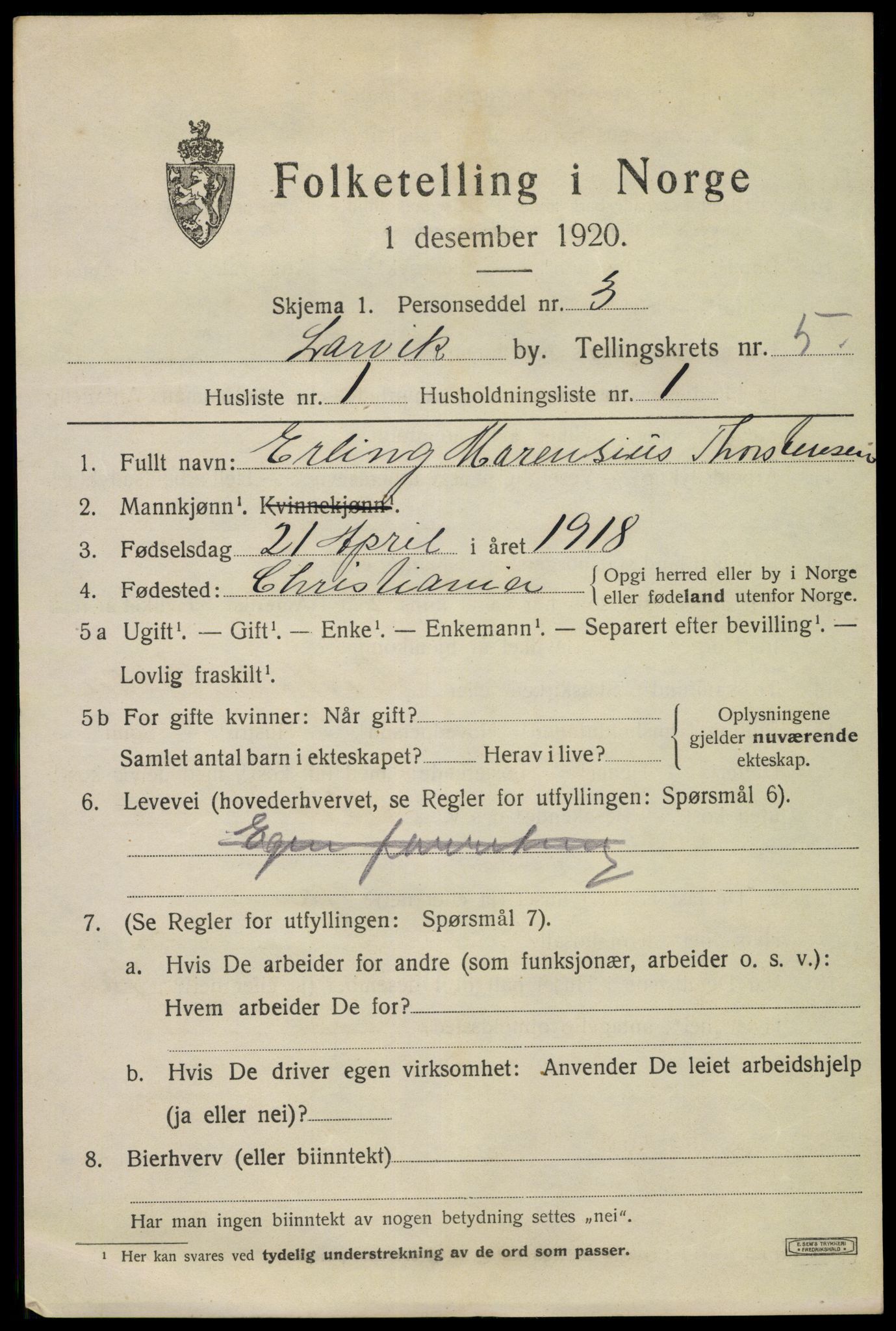 SAKO, 1920 census for Larvik, 1920, p. 16056