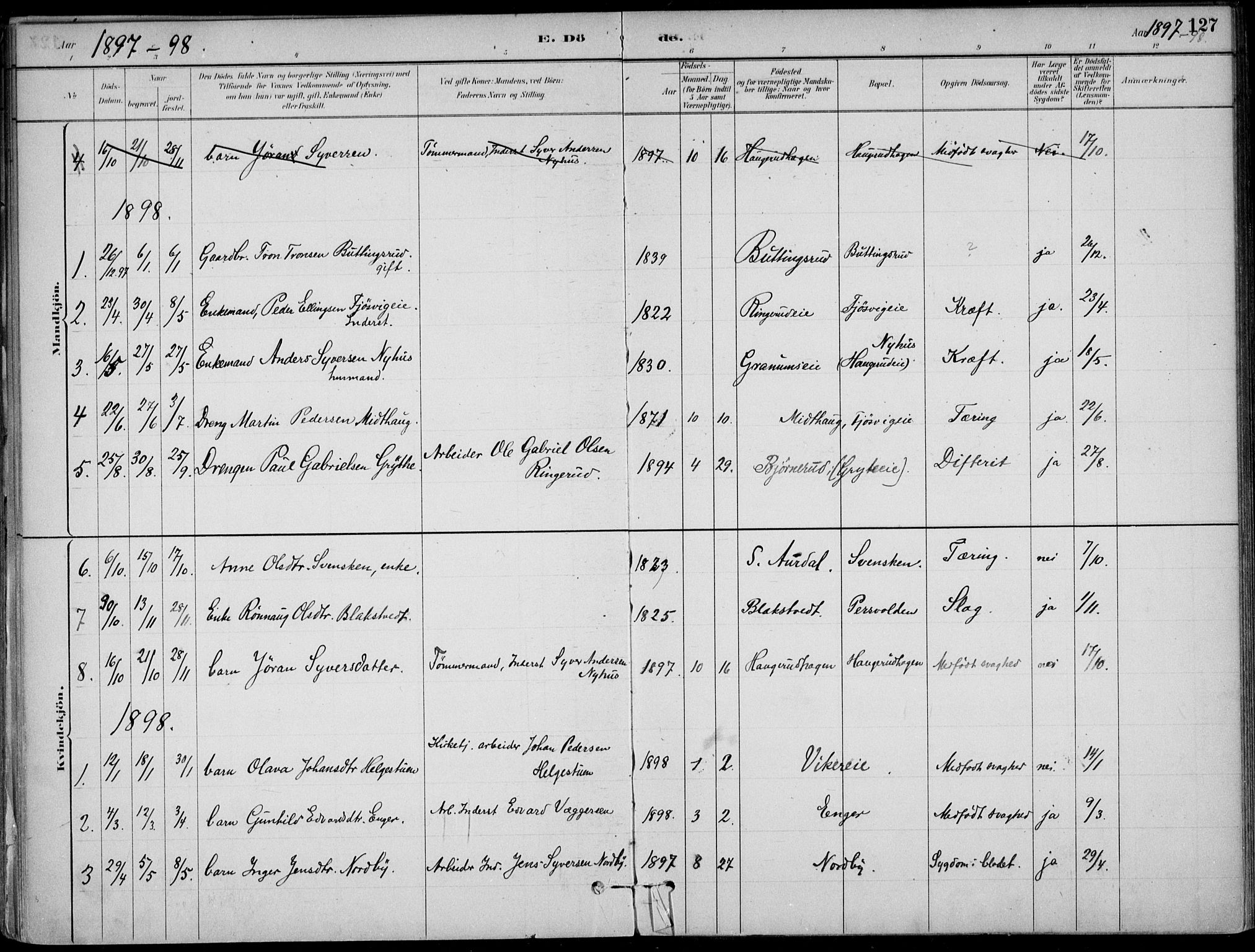 Ådal kirkebøker, AV/SAKO-A-248/F/Fa/L0003: Parish register (official) no. I 3, 1884-1903, p. 127