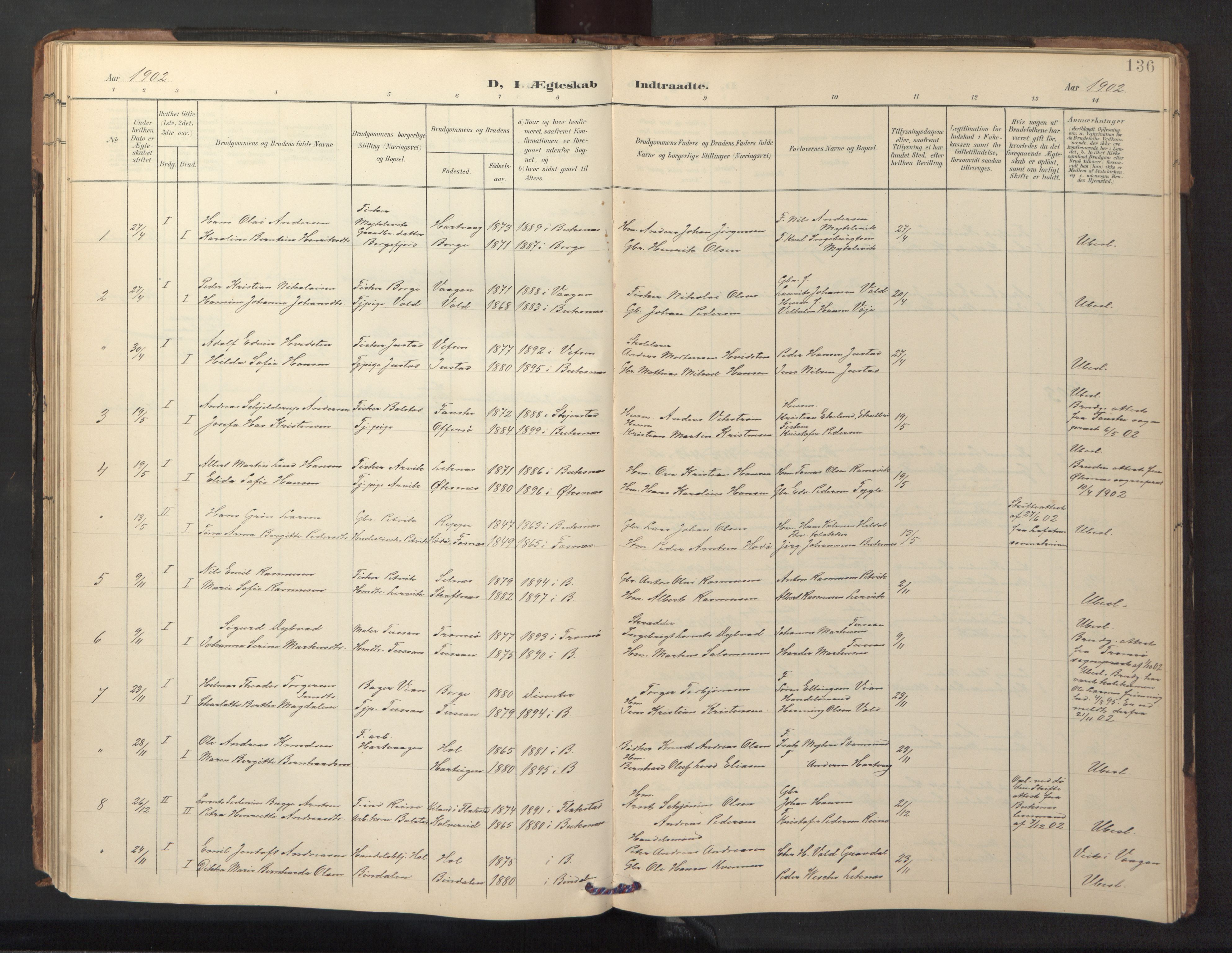 Ministerialprotokoller, klokkerbøker og fødselsregistre - Nordland, AV/SAT-A-1459/882/L1185: Parish register (copy) no. 882C03, 1898-1910, p. 136