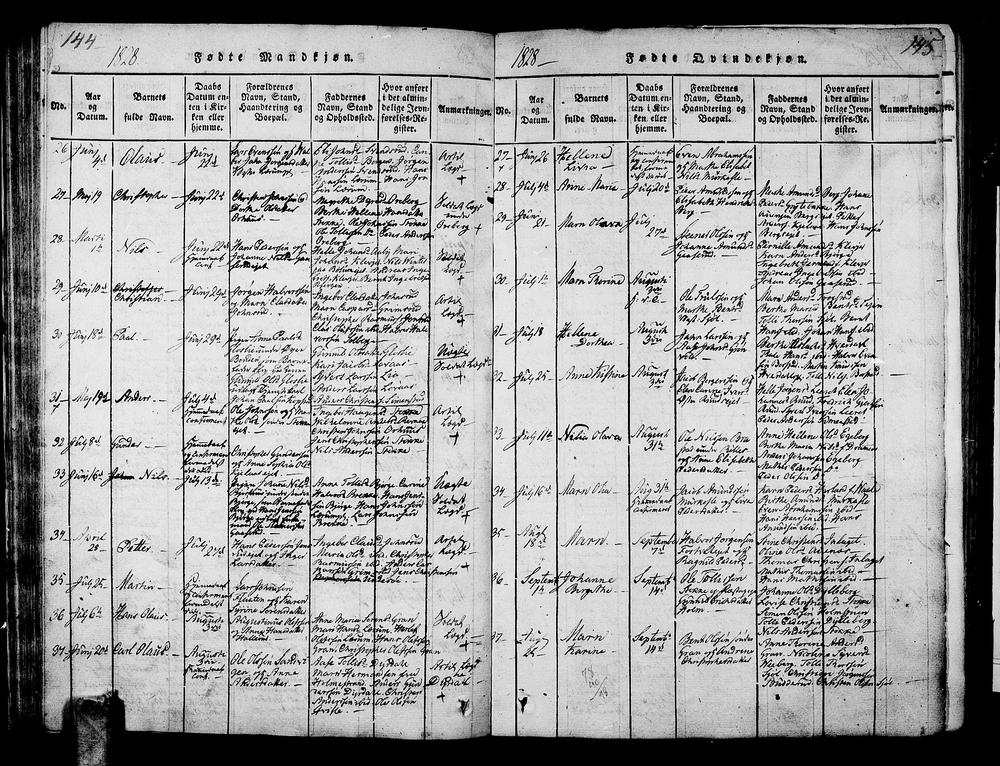 Sande Kirkebøker, AV/SAKO-A-53/G/Ga/L0001: Parish register (copy) no. 1, 1814-1847, p. 144-145
