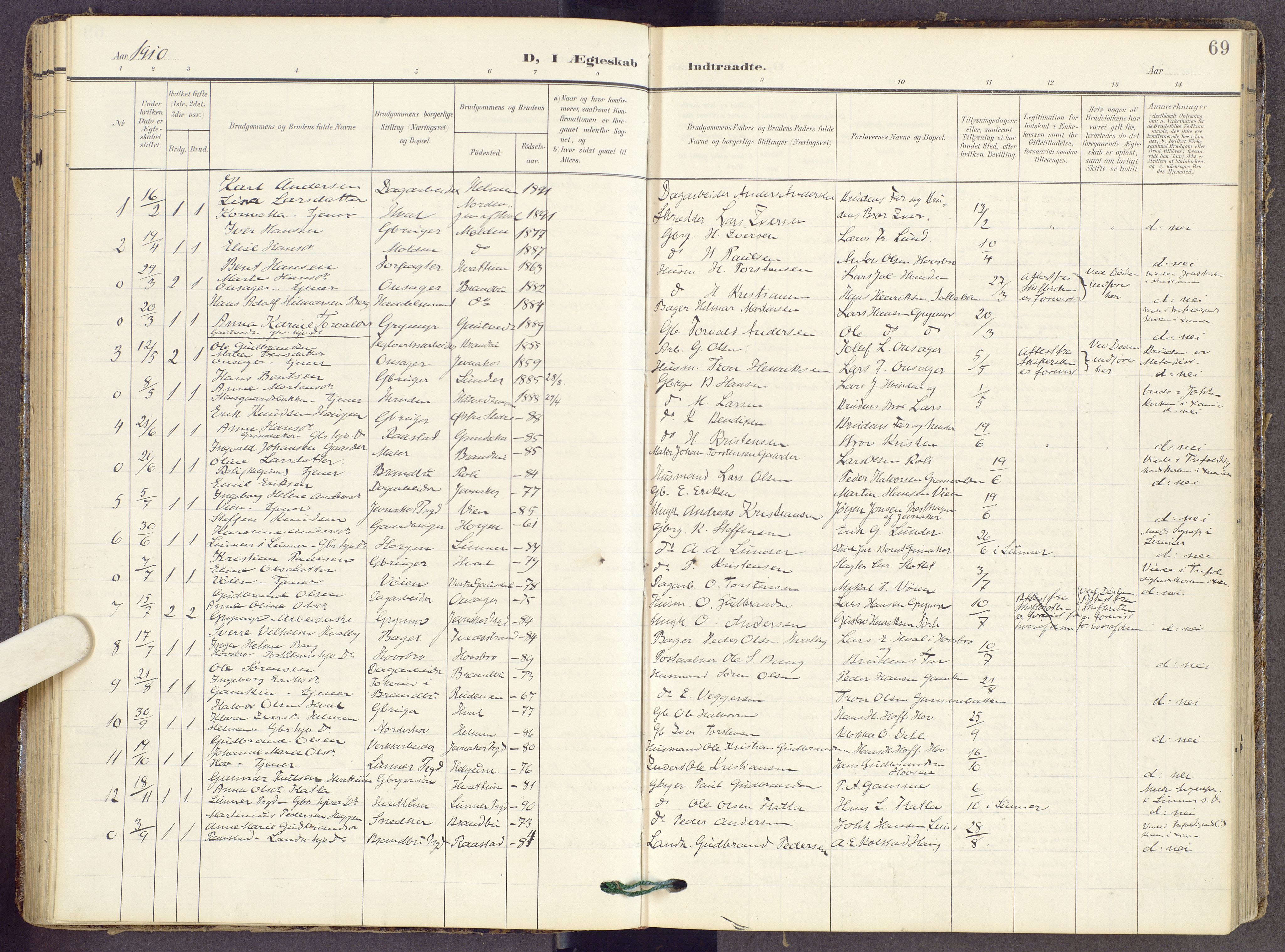 Gran prestekontor, SAH/PREST-112/H/Ha/Haa/L0022: Parish register (official) no. 22, 1908-1918, p. 69