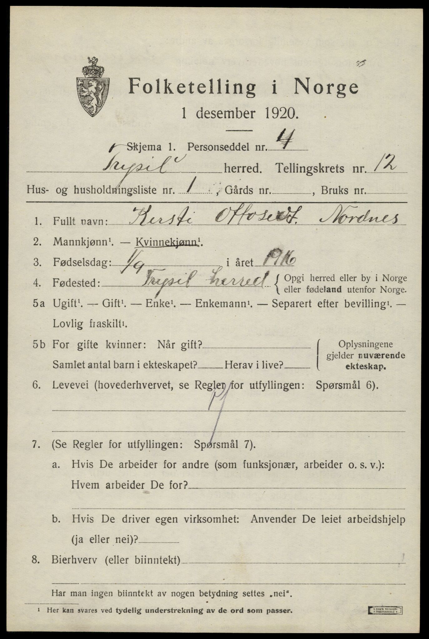 SAH, 1920 census for Trysil, 1920, p. 7115