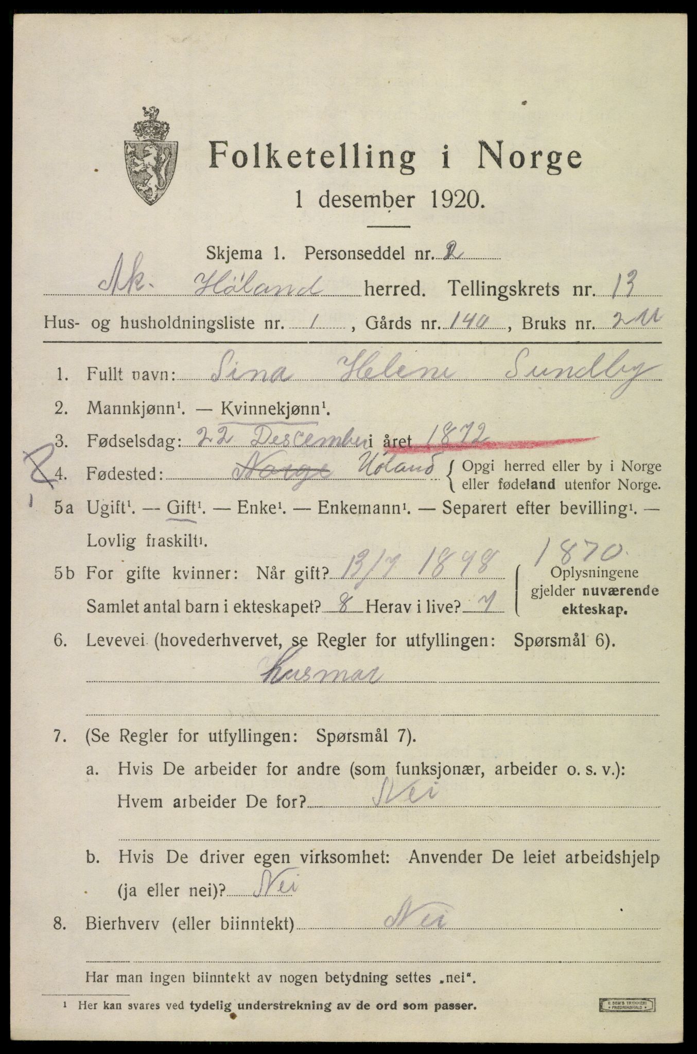 SAO, 1920 census for Høland, 1920, p. 12717