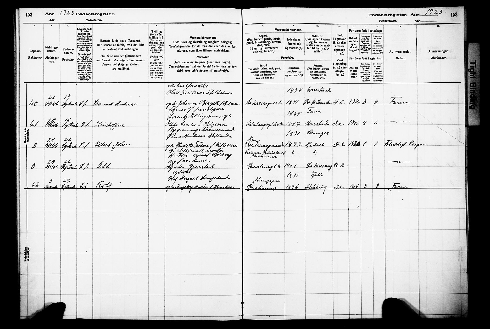 Laksevåg Sokneprestembete, SAB/A-76501/I/Id/L00A1: Birth register no. A 1, 1916-1926, p. 153