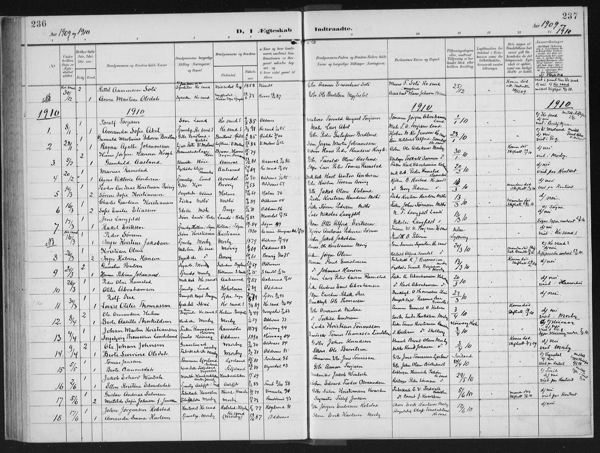 Oddernes sokneprestkontor, AV/SAK-1111-0033/F/Fa/Faa/L0011: Parish register (official) no. A 11, 1904-1911, p. 236-237