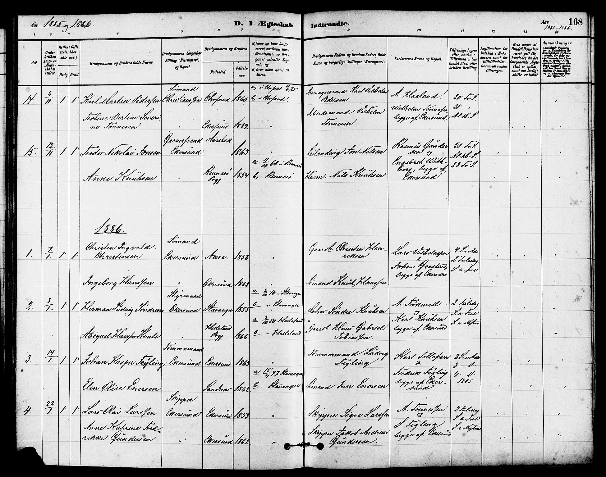 Eigersund sokneprestkontor, SAST/A-101807/S08/L0015: Parish register (official) no. A 15, 1879-1892, p. 168