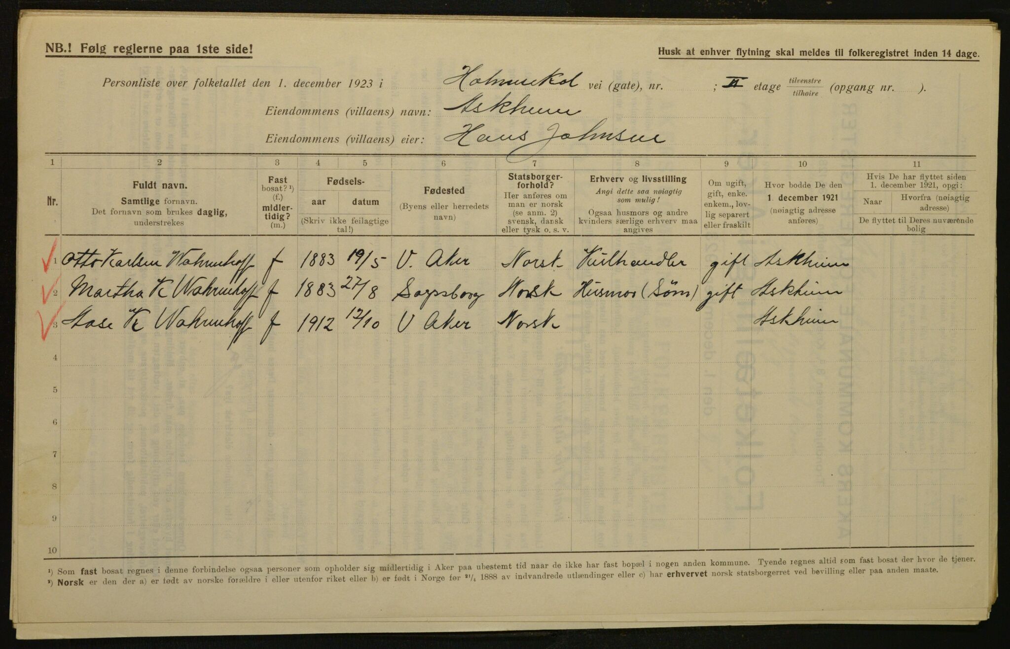 , Municipal Census 1923 for Aker, 1923, p. 2698