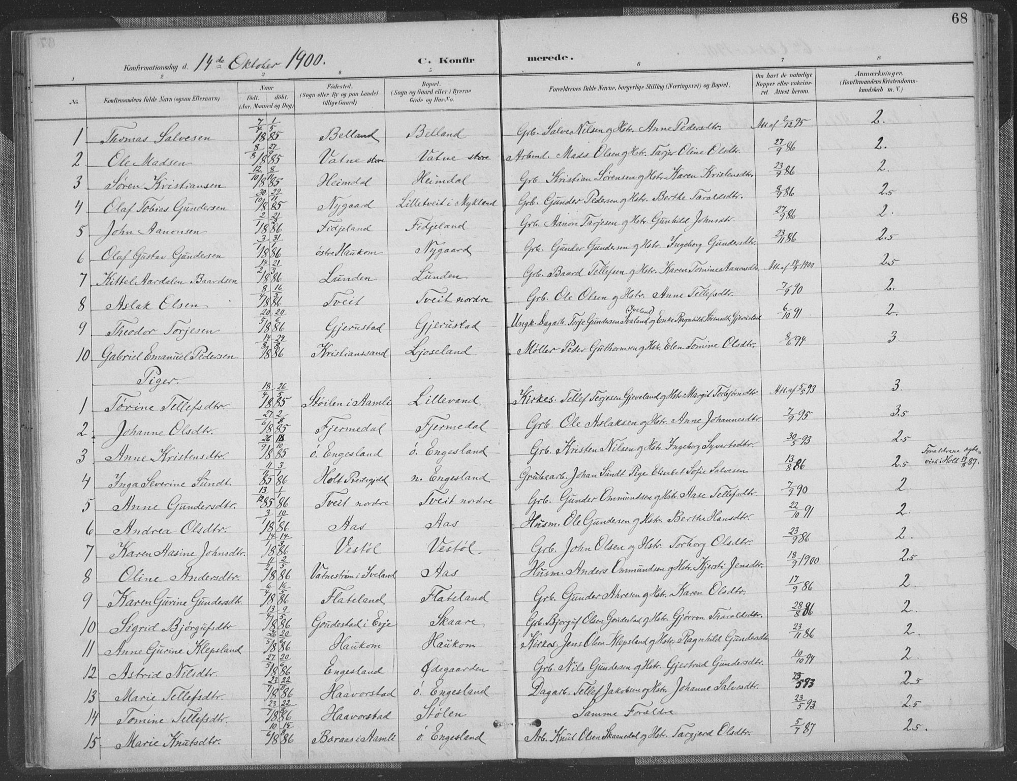 Herefoss sokneprestkontor, AV/SAK-1111-0019/F/Fa/Fab/L0004: Parish register (official) no. A 4, 1887-1909, p. 68