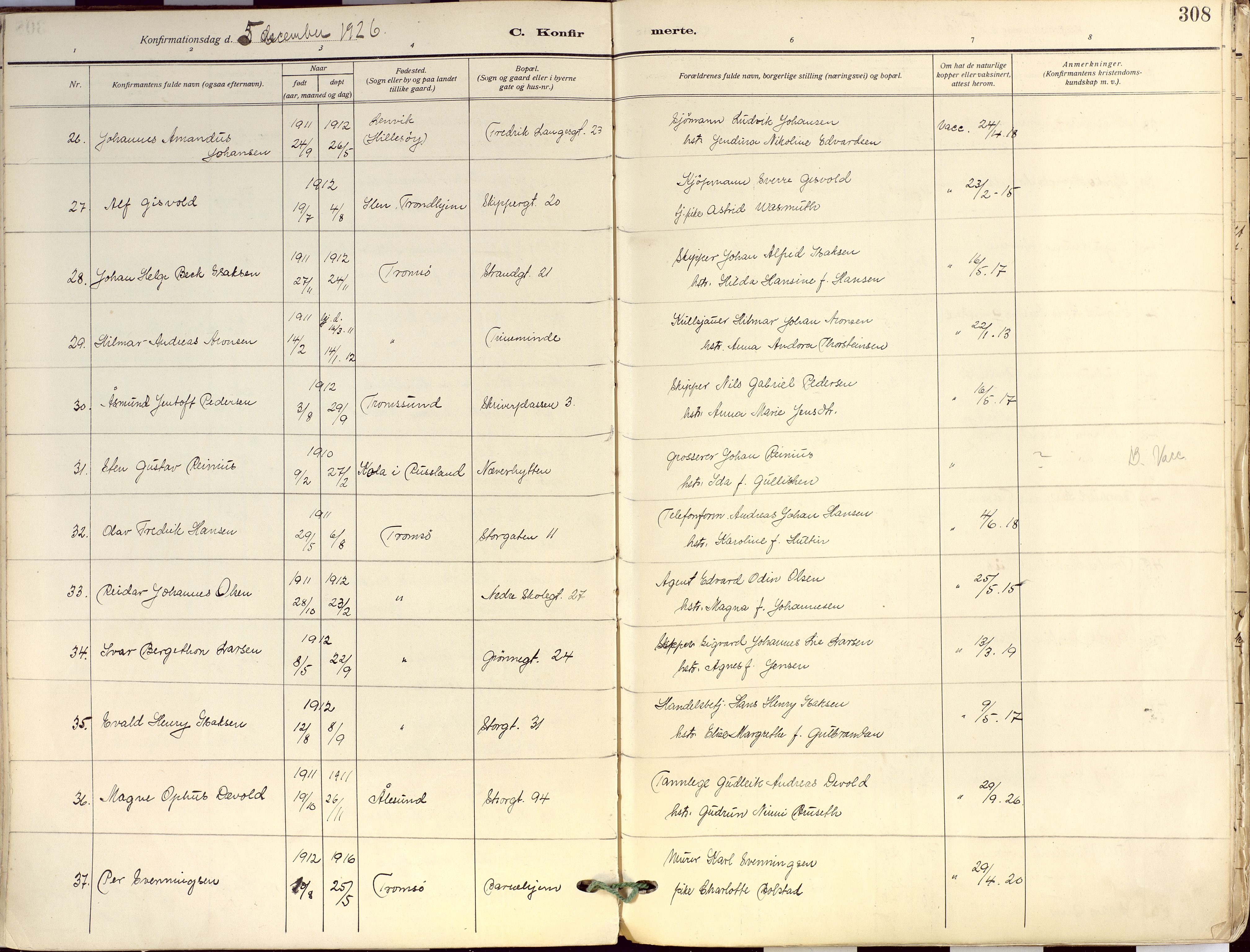 Tromsø sokneprestkontor/stiftsprosti/domprosti, AV/SATØ-S-1343/G/Ga/L0019kirke: Parish register (official) no. 19, 1917-1927, p. 308