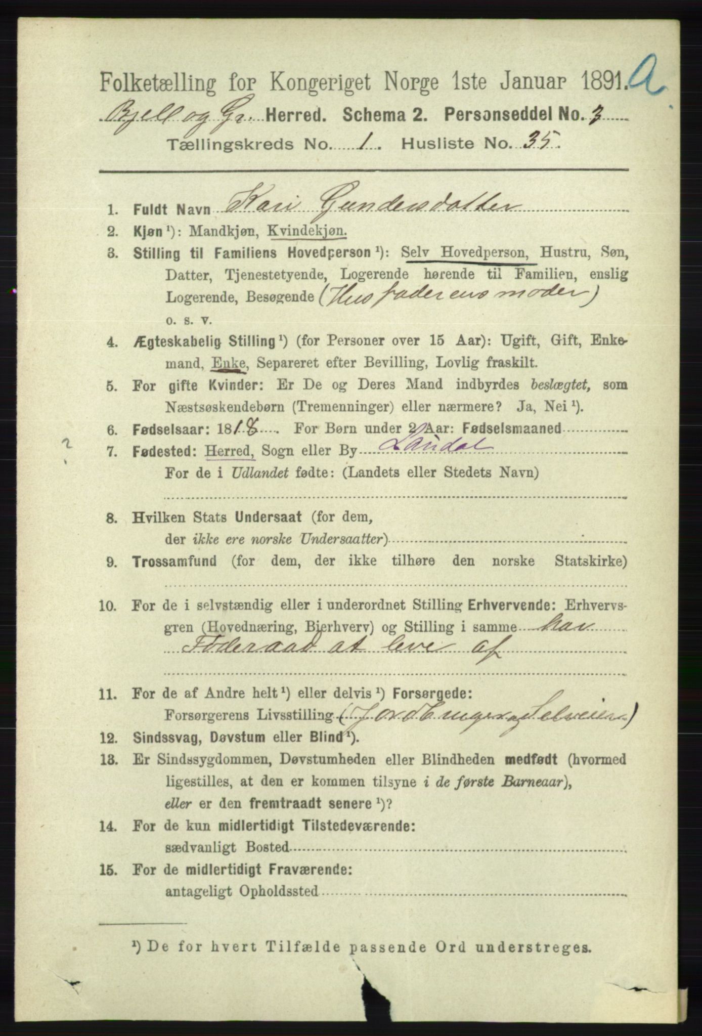 RA, 1891 census for 1024 Bjelland og Grindheim, 1891, p. 241