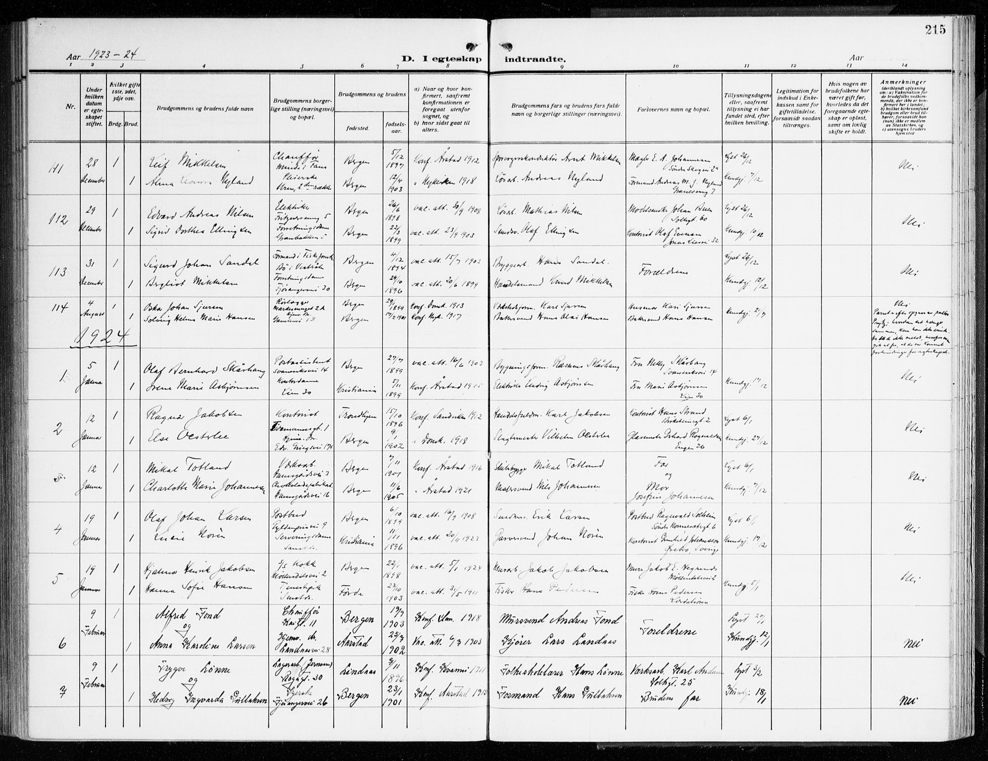 Årstad Sokneprestembete, SAB/A-79301/H/Haa/L0004: Parish register (official) no. A 4, 1919-1928, p. 215