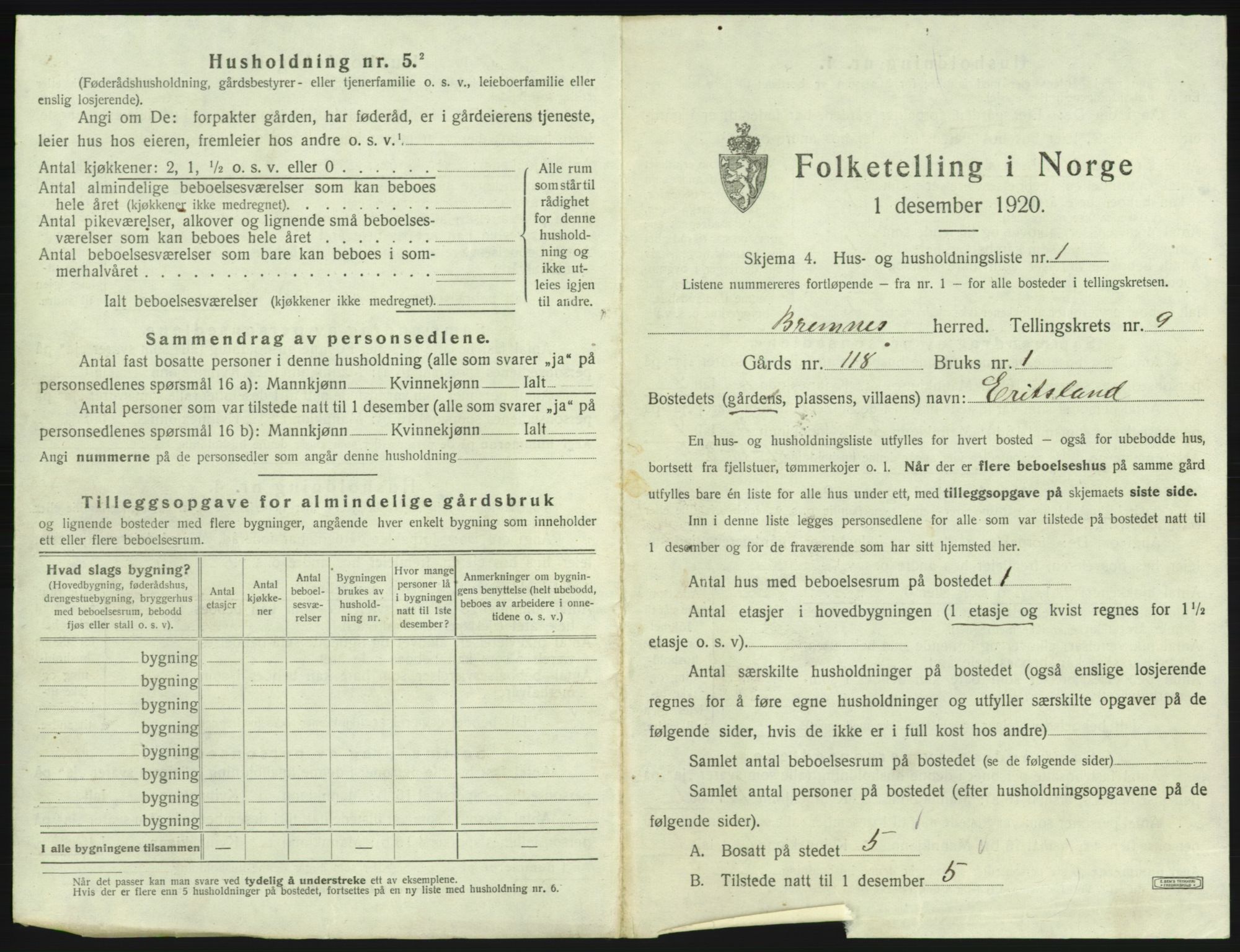SAB, 1920 census for Bremnes, 1920, p. 781