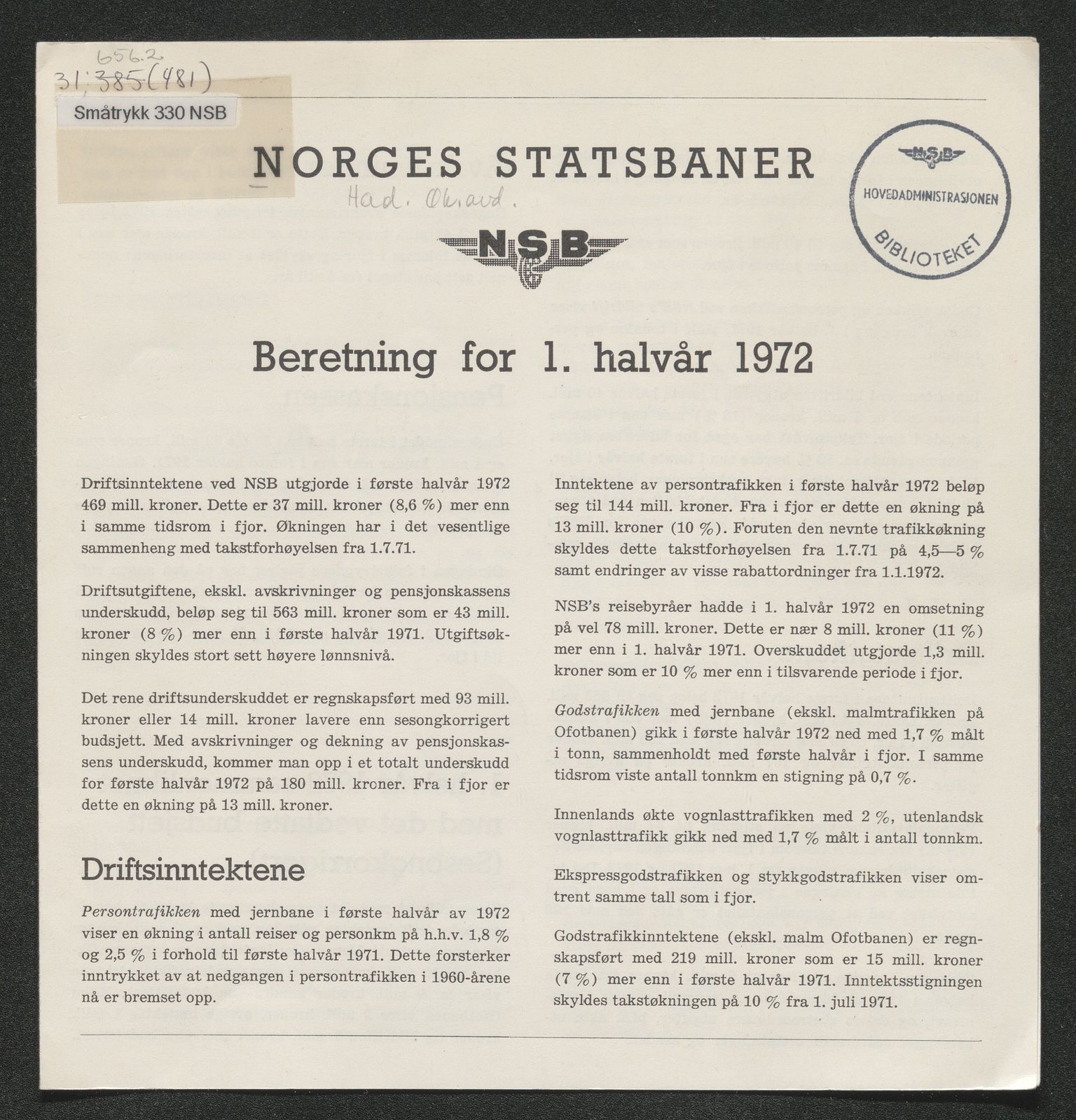 Norges Statsbaner Bibliotek (NSB), SAKO/A-355/F/Fc/L0005/0002: Småtrykk 280 - 349 / Småtrykk 330 - 349, 1886-2006