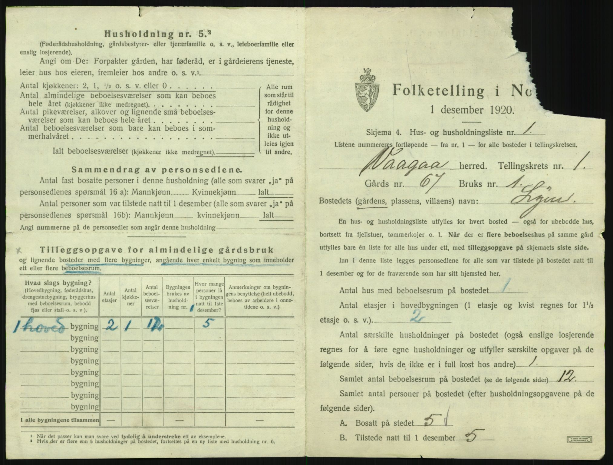 SAH, 1920 census for Vågå, 1920, p. 42