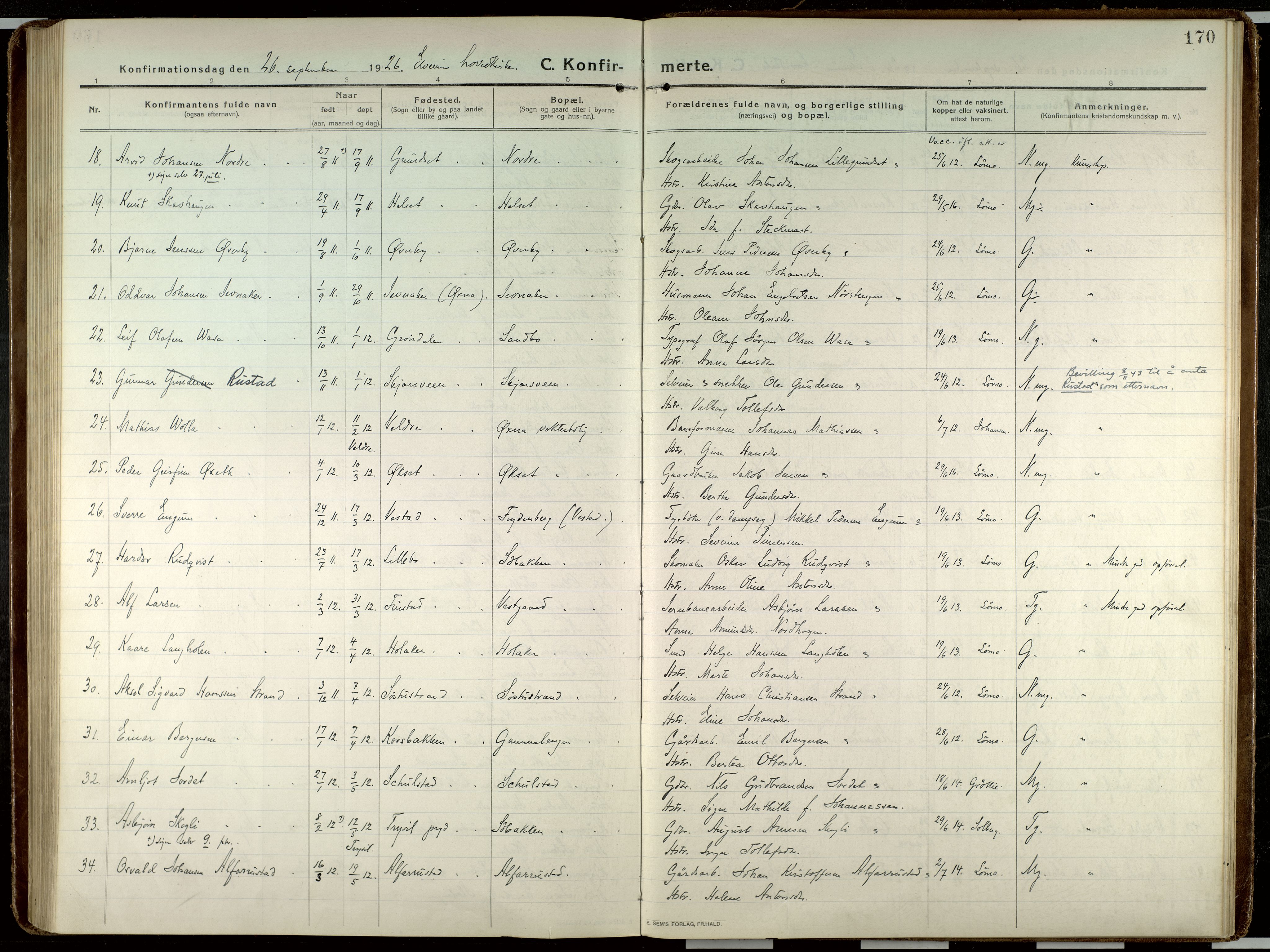 Elverum prestekontor, AV/SAH-PREST-044/H/Ha/Haa/L0023: Parish register (official) no. 23, 1914-1929, p. 170