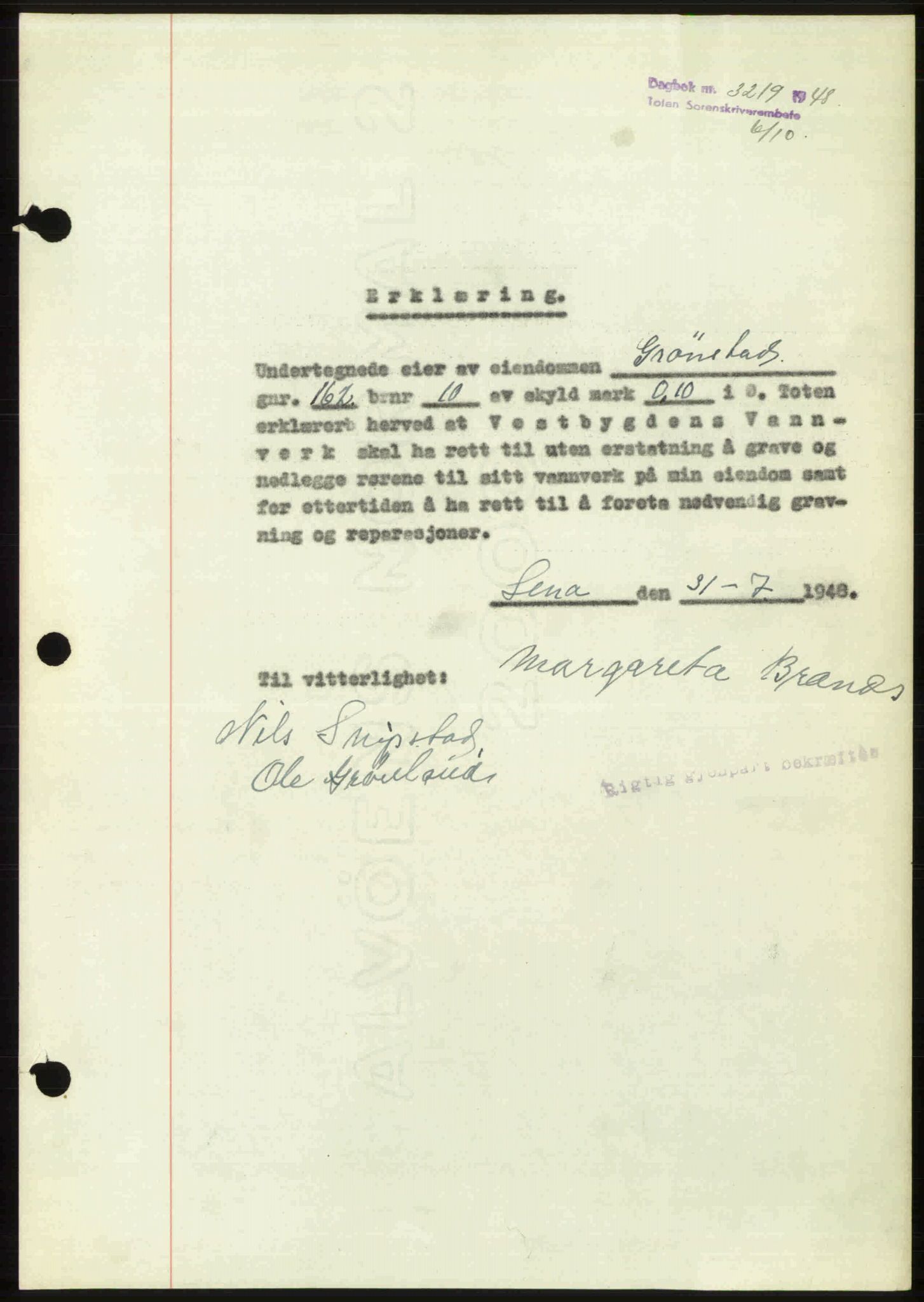 Toten tingrett, SAH/TING-006/H/Hb/Hbc/L0020: Mortgage book no. Hbc-20, 1948-1948, Diary no: : 3219/1948