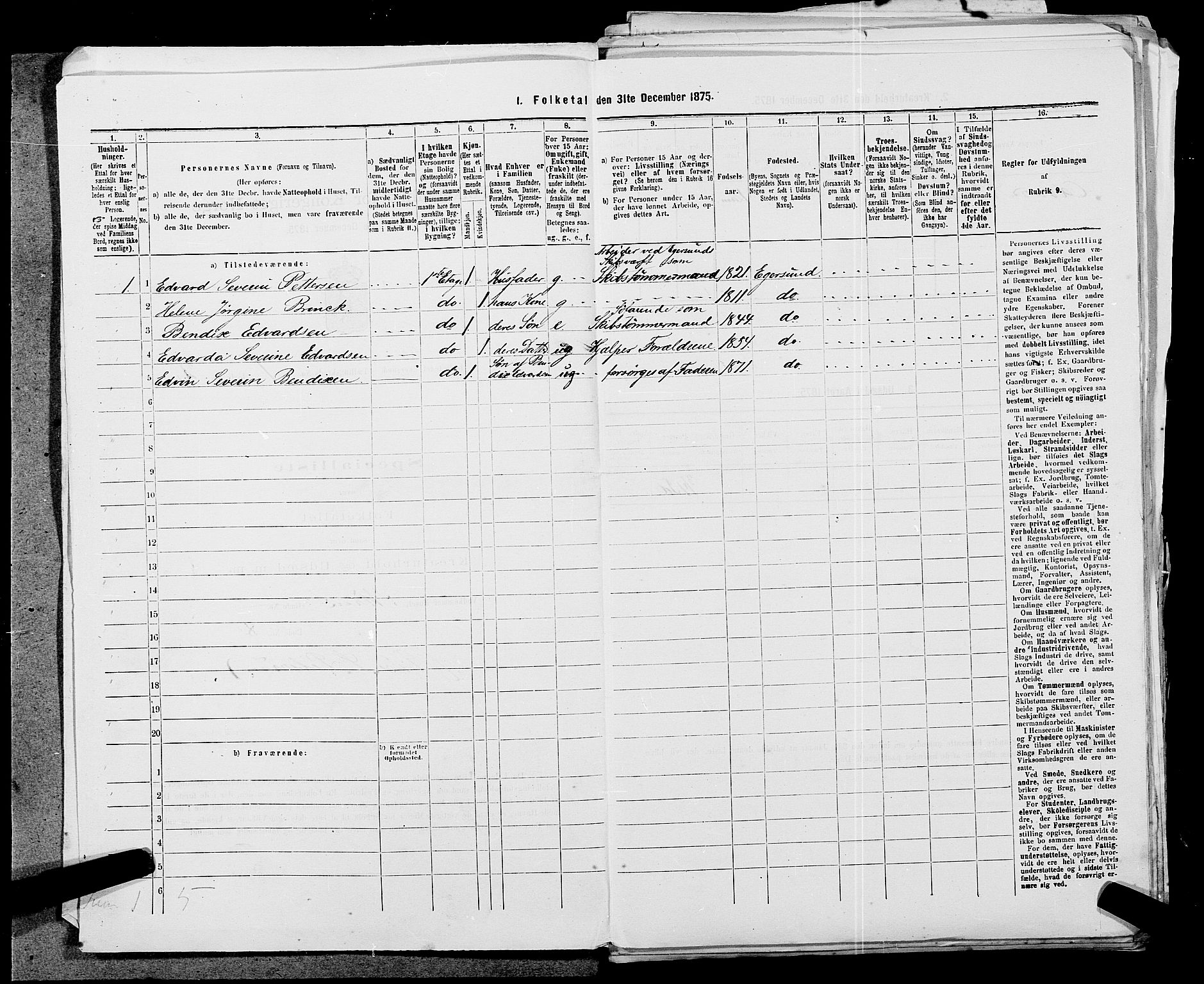 SAST, 1875 census for 1101B Eigersund parish, Egersund town, 1875, p. 4