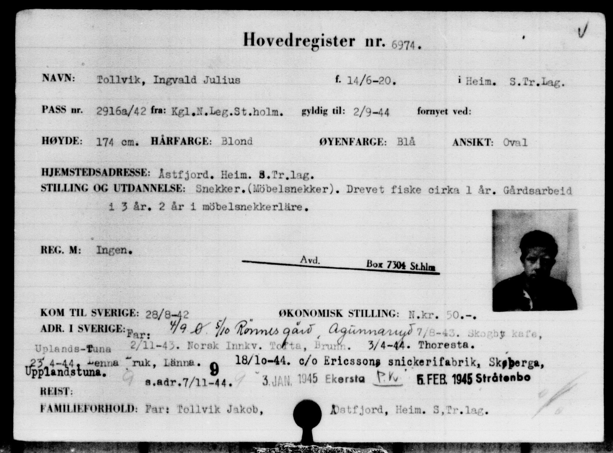 Utenriksstasjonene, Legasjonen i Stockholm, Flyktningkontoret, AV/RA-S-6753/V/Va/L0005: Kjesäterkartoteket, flyktninger med registreringsnr. 6600-9417, 1940-1945, p. 454