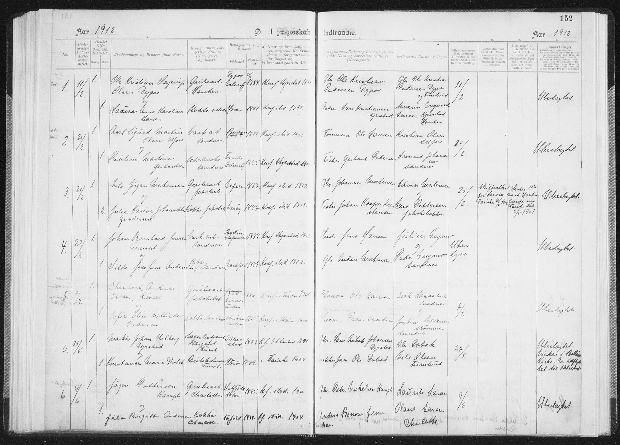 Ministerialprotokoller, klokkerbøker og fødselsregistre - Nordland, AV/SAT-A-1459/850/L0711: Curate's parish register no. 850B01, 1902-1915, p. 152