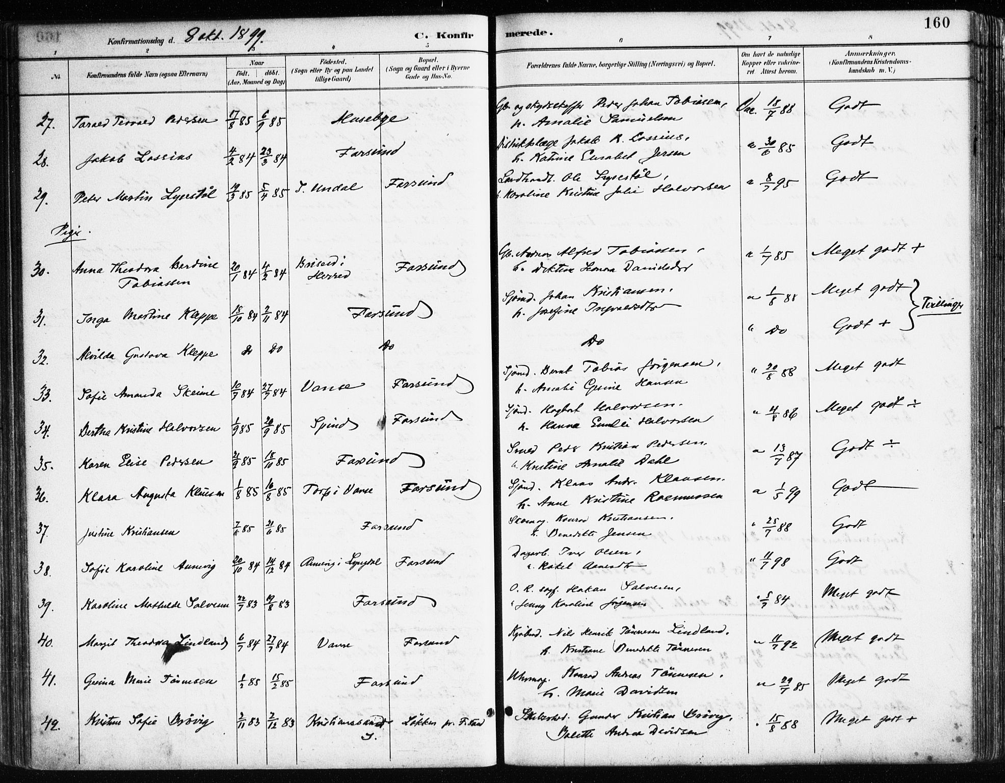 Farsund sokneprestkontor, AV/SAK-1111-0009/F/Fa/L0006: Parish register (official) no. A 6, 1887-1920, p. 160