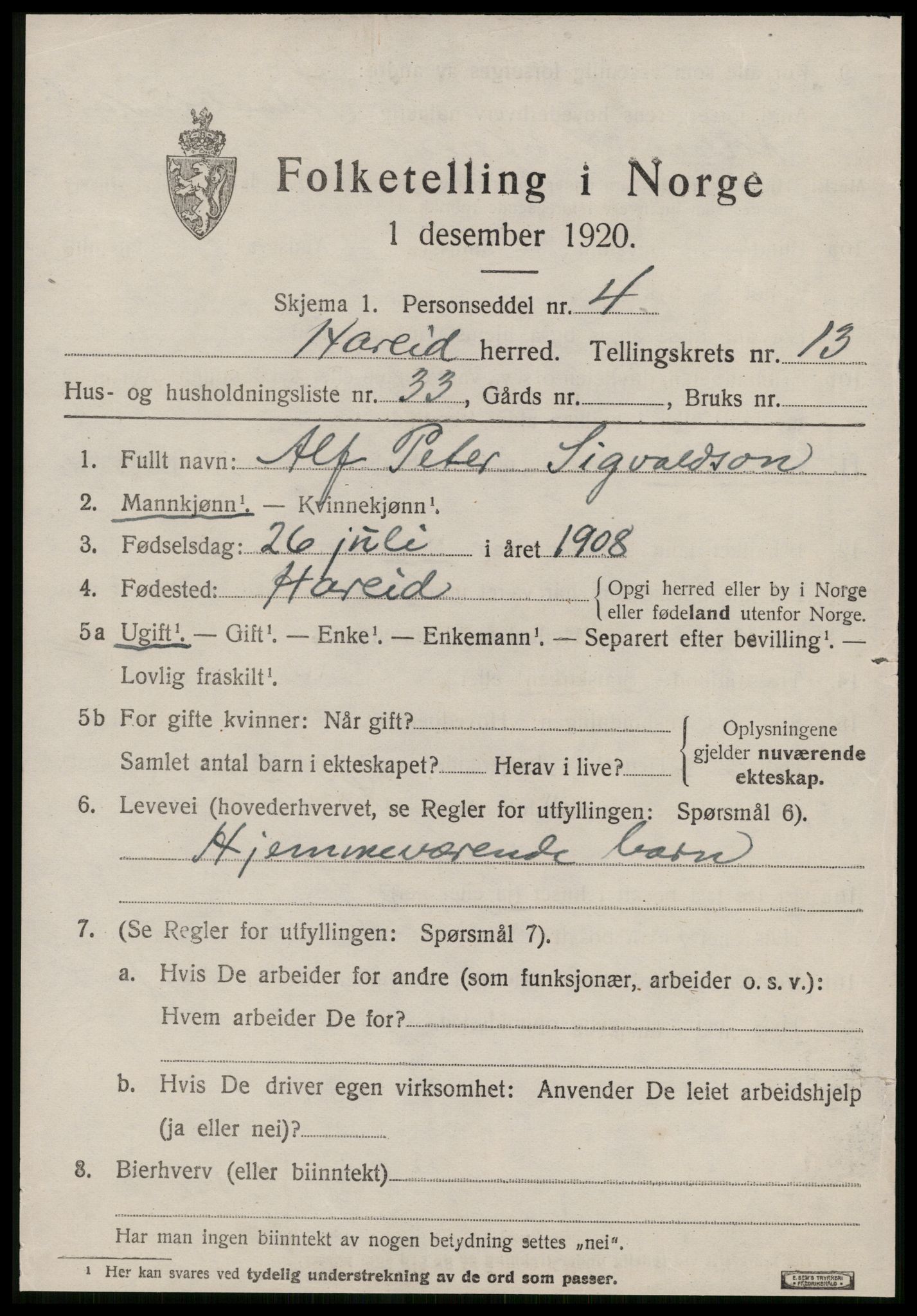 SAT, 1920 census for Hareid, 1920, p. 5441