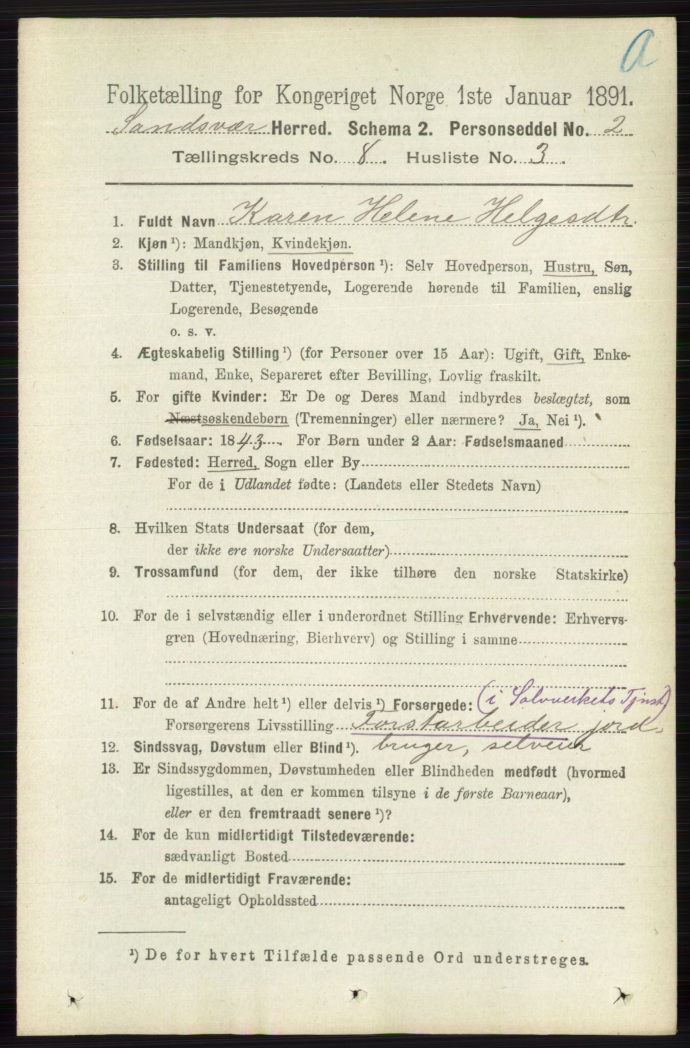 RA, 1891 census for 0629 Sandsvær, 1891, p. 4300