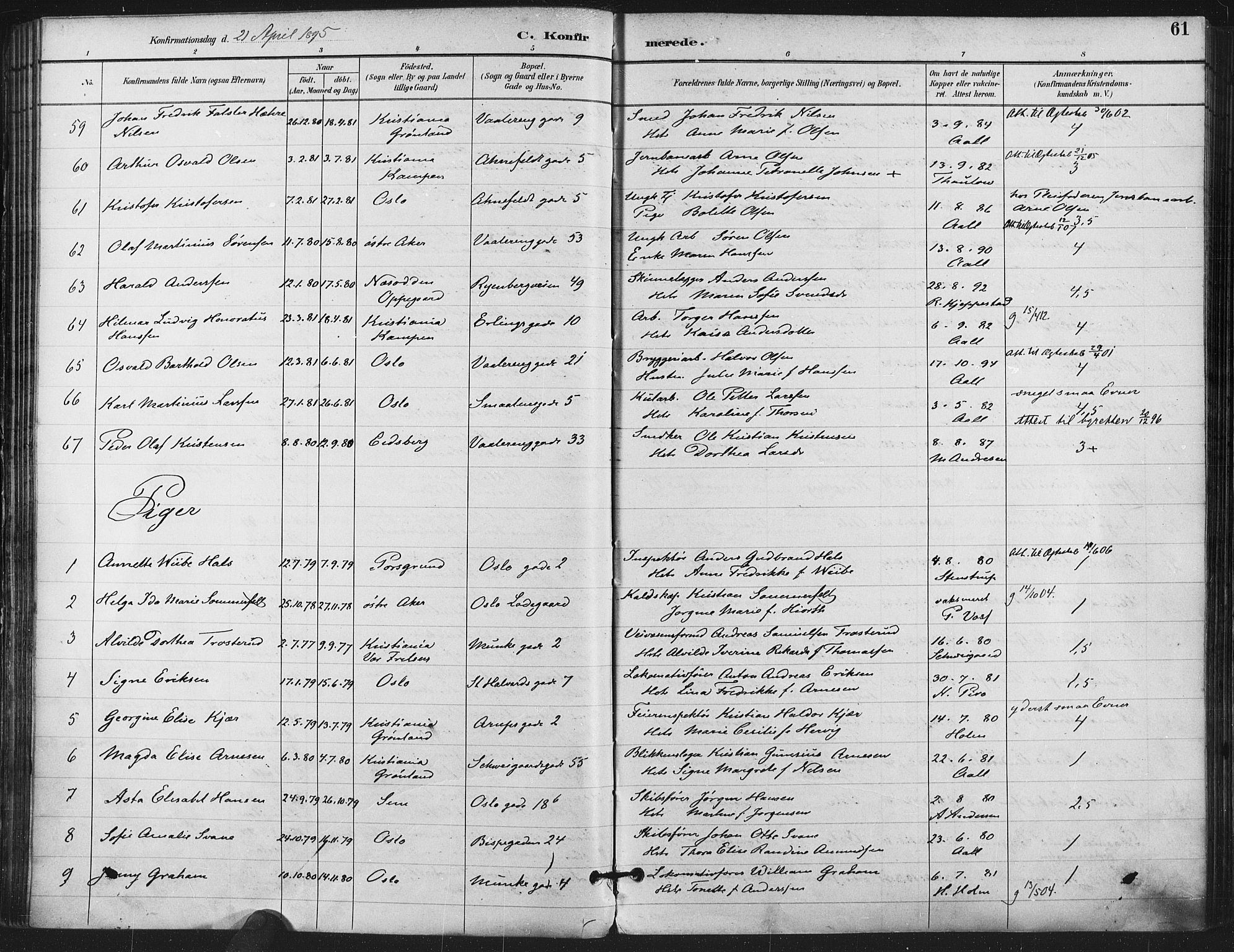 Gamlebyen prestekontor Kirkebøker, AV/SAO-A-10884/F/Fa/L0008: Parish register (official) no. 8, 1891-1908, p. 61