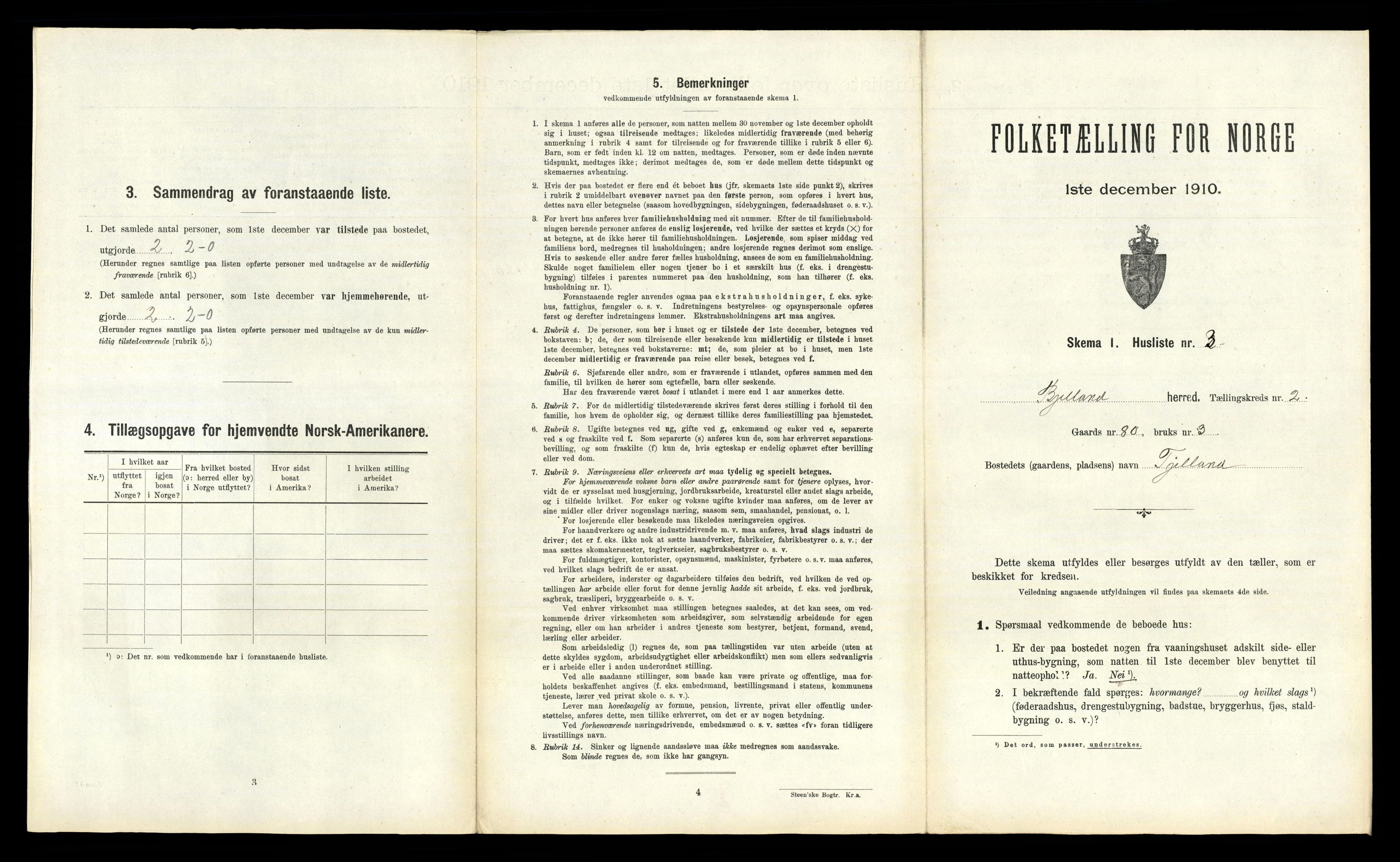 RA, 1910 census for Bjelland, 1910, p. 102