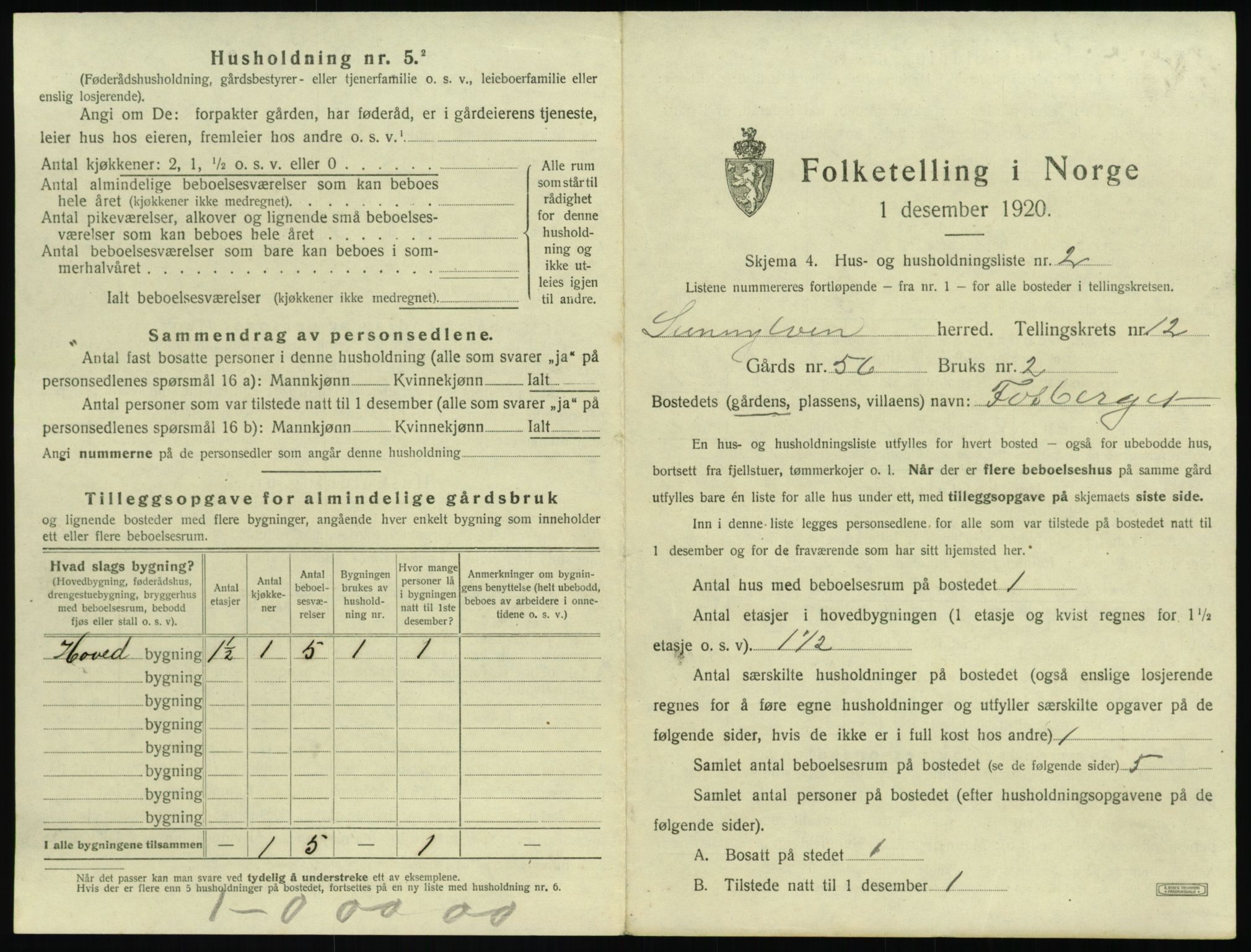 SAT, 1920 census for Sunnylven, 1920, p. 496