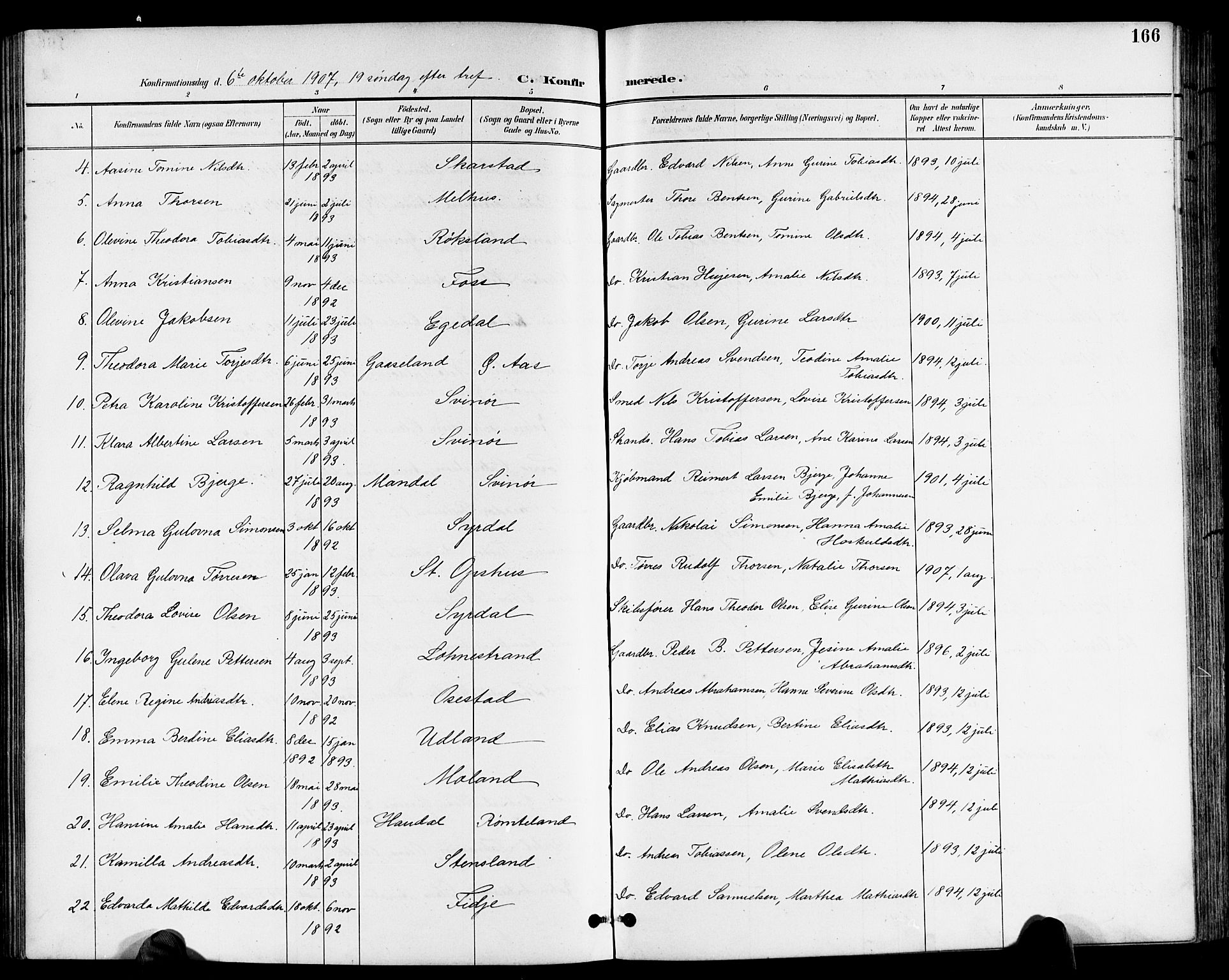 Sør-Audnedal sokneprestkontor, AV/SAK-1111-0039/F/Fb/Fbb/L0006: Parish register (copy) no. B 6, 1893-1915, p. 166