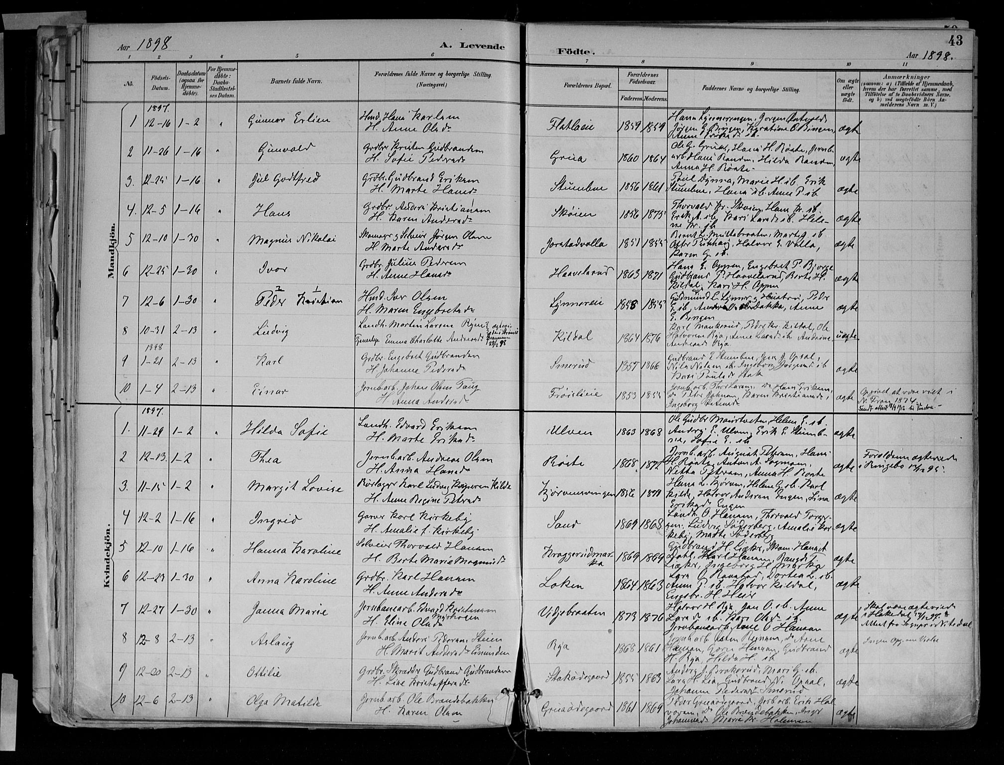 Jevnaker prestekontor, SAH/PREST-116/H/Ha/Haa/L0010: Parish register (official) no. 10, 1891-1906, p. 43