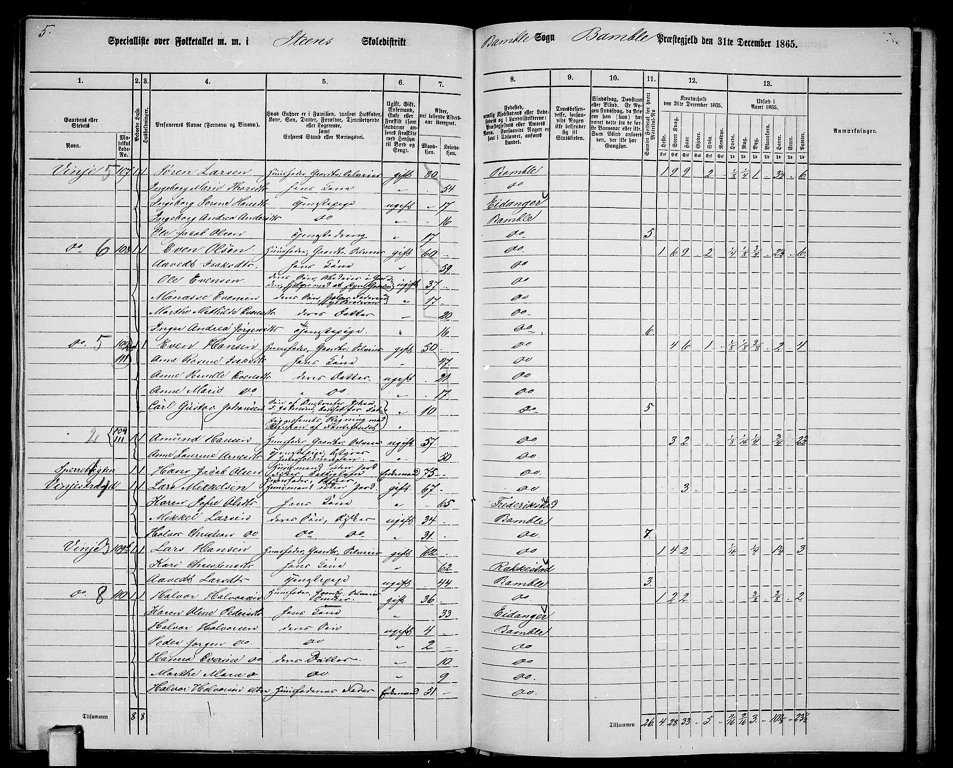 RA, 1865 census for Bamble, 1865, p. 173