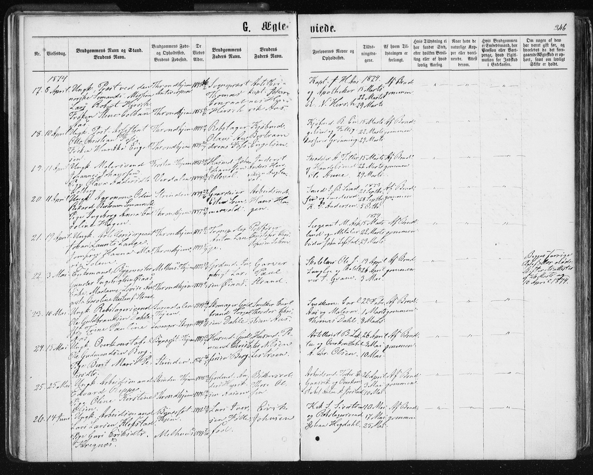 Ministerialprotokoller, klokkerbøker og fødselsregistre - Sør-Trøndelag, SAT/A-1456/601/L0055: Parish register (official) no. 601A23, 1866-1877, p. 346