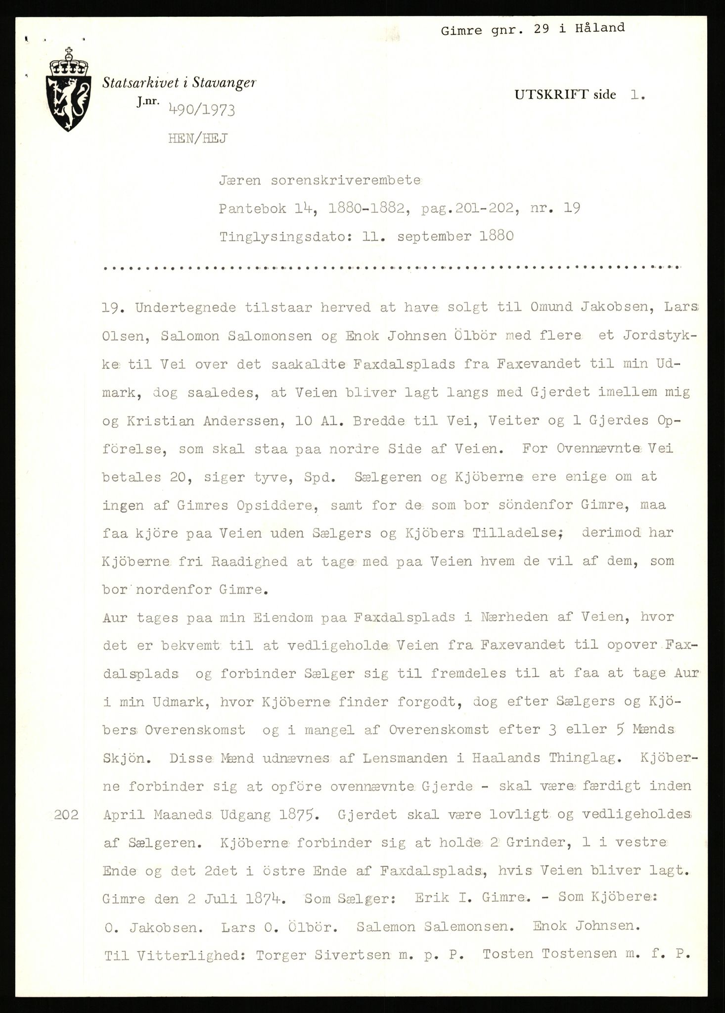 Statsarkivet i Stavanger, AV/SAST-A-101971/03/Y/Yj/L0025: Avskrifter sortert etter gårdsnavn: Garpestad - Gjerde, 1750-1930, p. 373