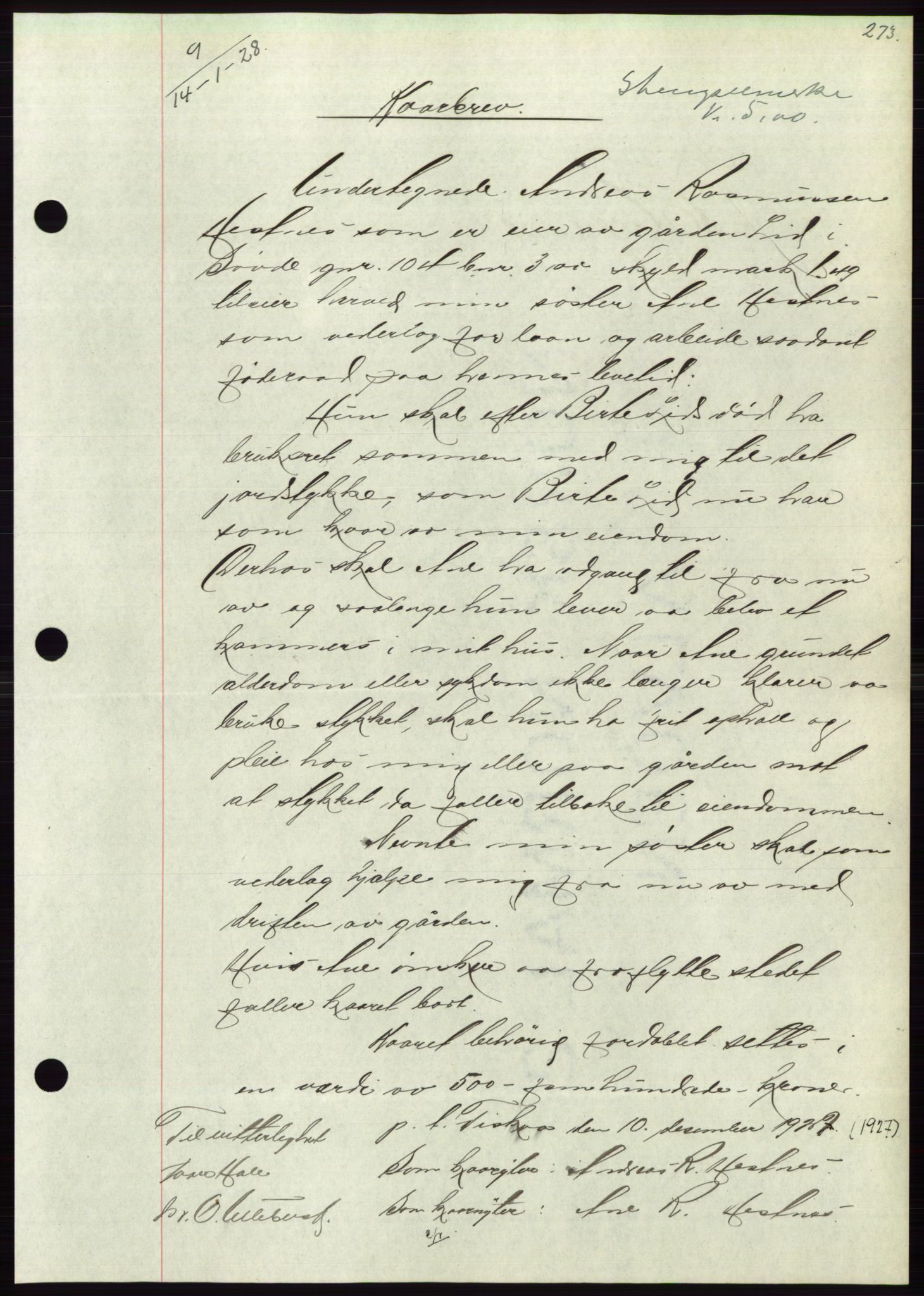 Søre Sunnmøre sorenskriveri, AV/SAT-A-4122/1/2/2C/L0047: Mortgage book no. 41, 1927-1928, Deed date: 14.01.1928