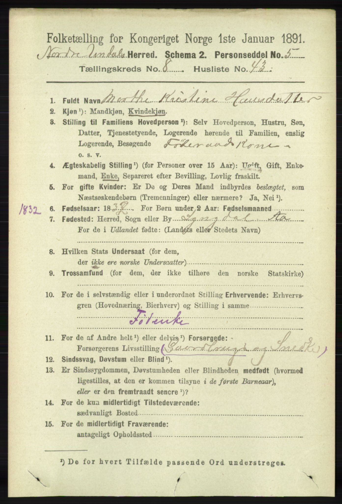 RA, 1891 census for 1028 Nord-Audnedal, 1891, p. 2296