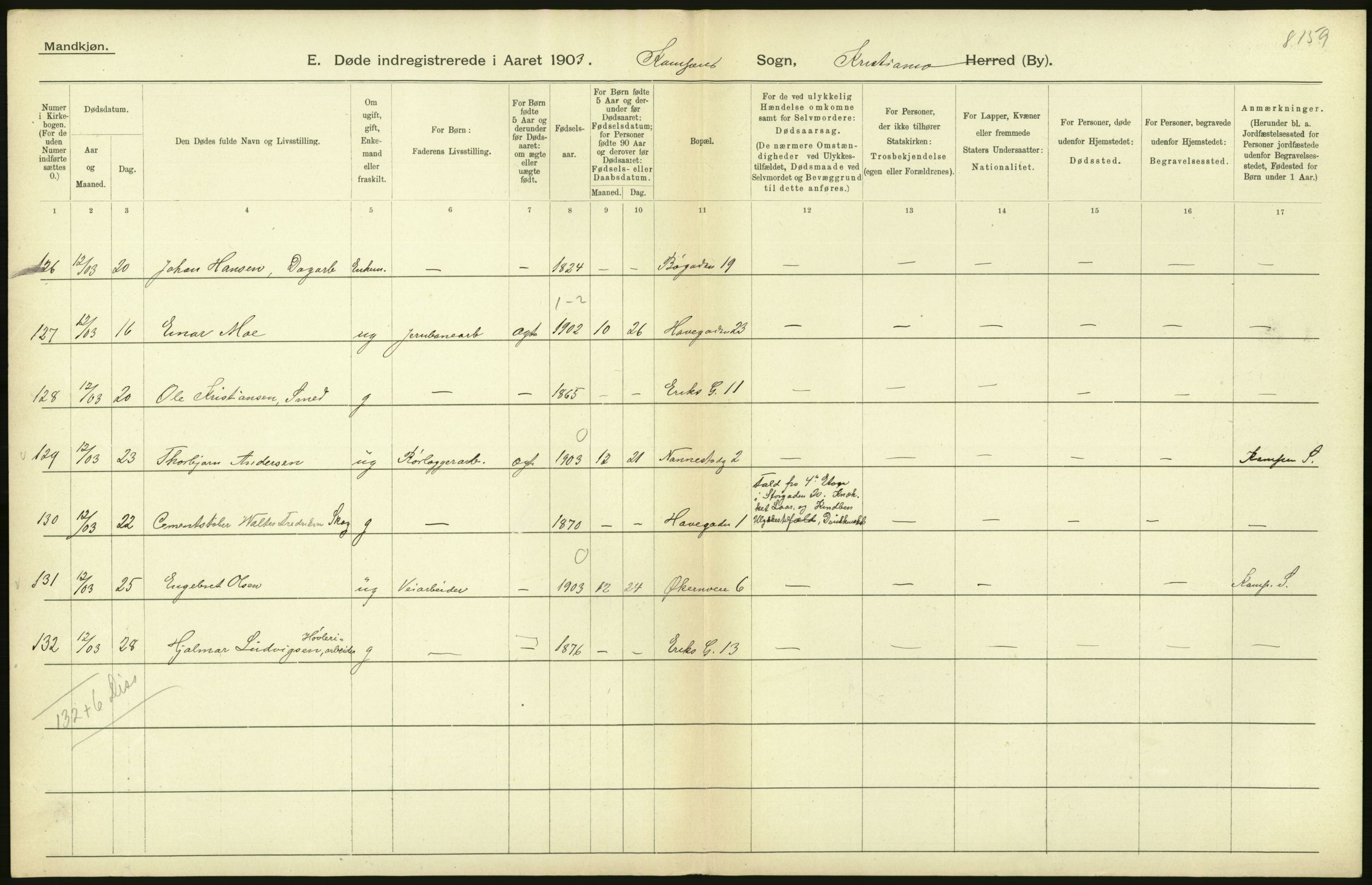 Statistisk sentralbyrå, Sosiodemografiske emner, Befolkning, AV/RA-S-2228/D/Df/Dfa/Dfaa/L0004: Kristiania: Gifte, døde, 1903, p. 234