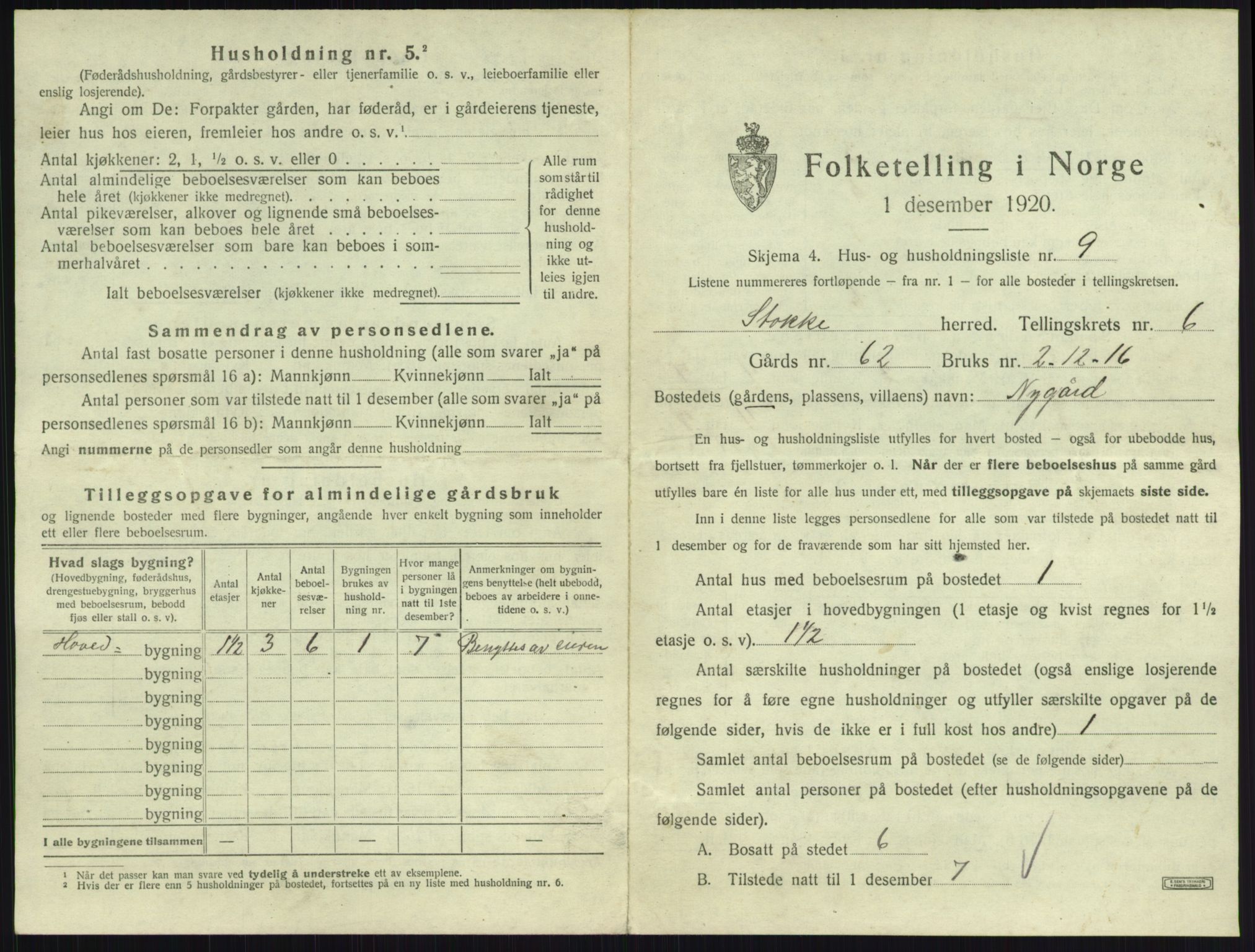 SAKO, 1920 census for Stokke, 1920, p. 1116