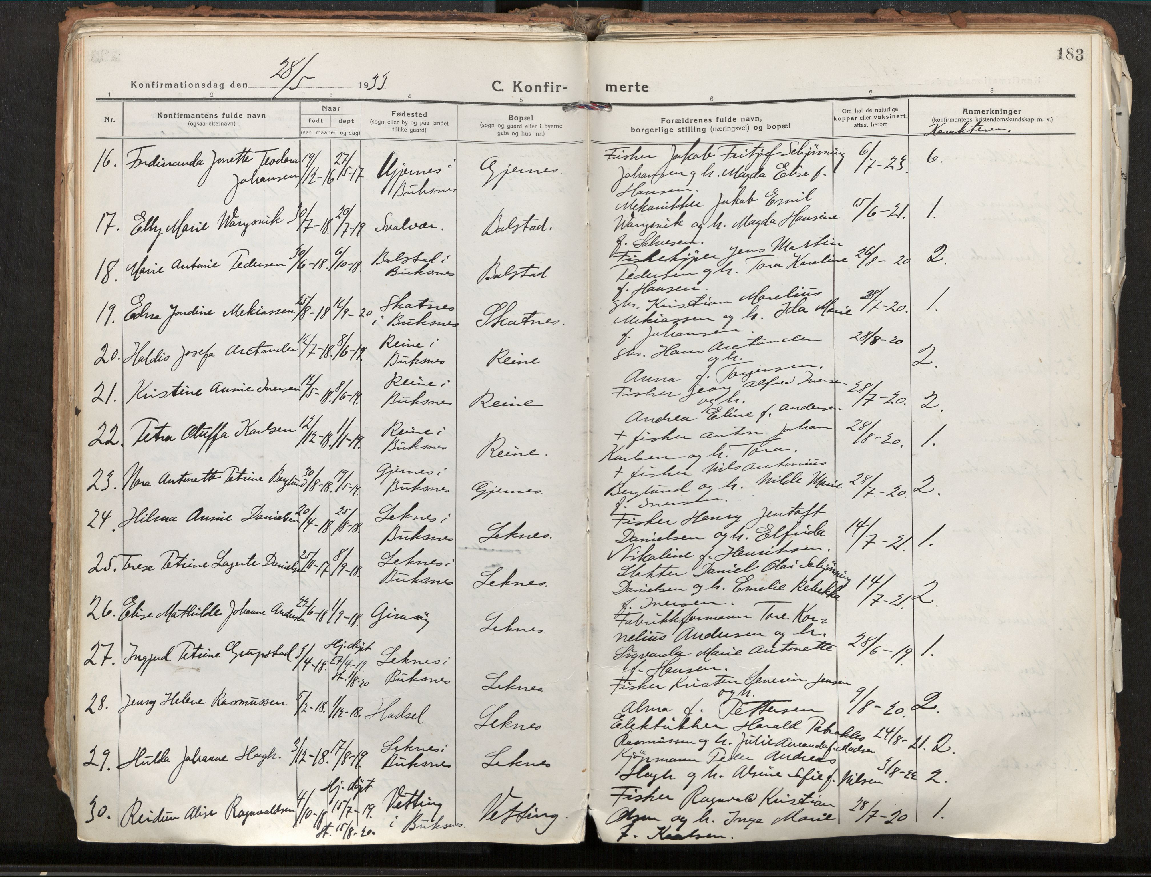 Ministerialprotokoller, klokkerbøker og fødselsregistre - Nordland, AV/SAT-A-1459/881/L1160: Parish register (official) no. 881A13, 1919-1937, p. 183