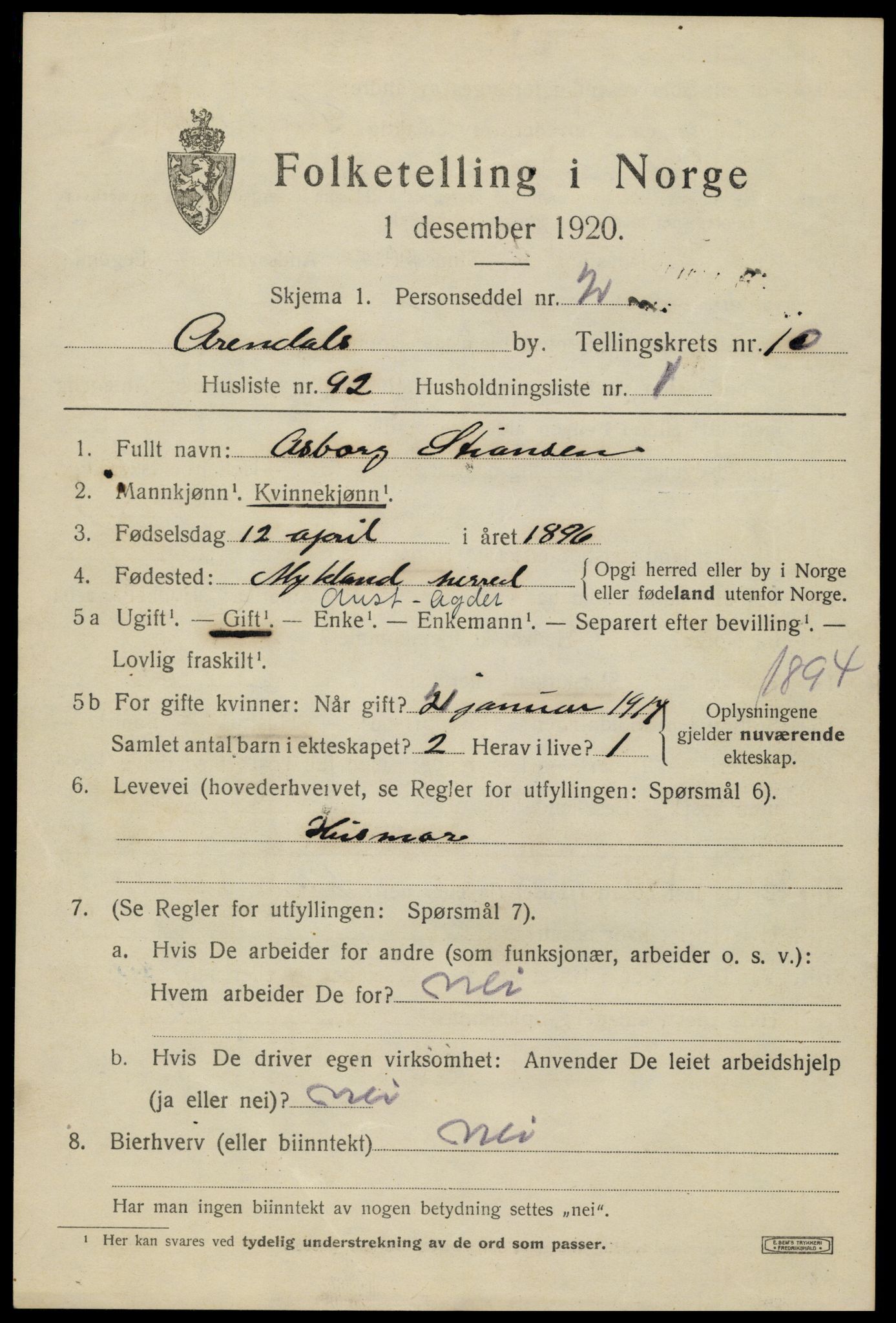 SAK, 1920 census for Arendal, 1920, p. 18114