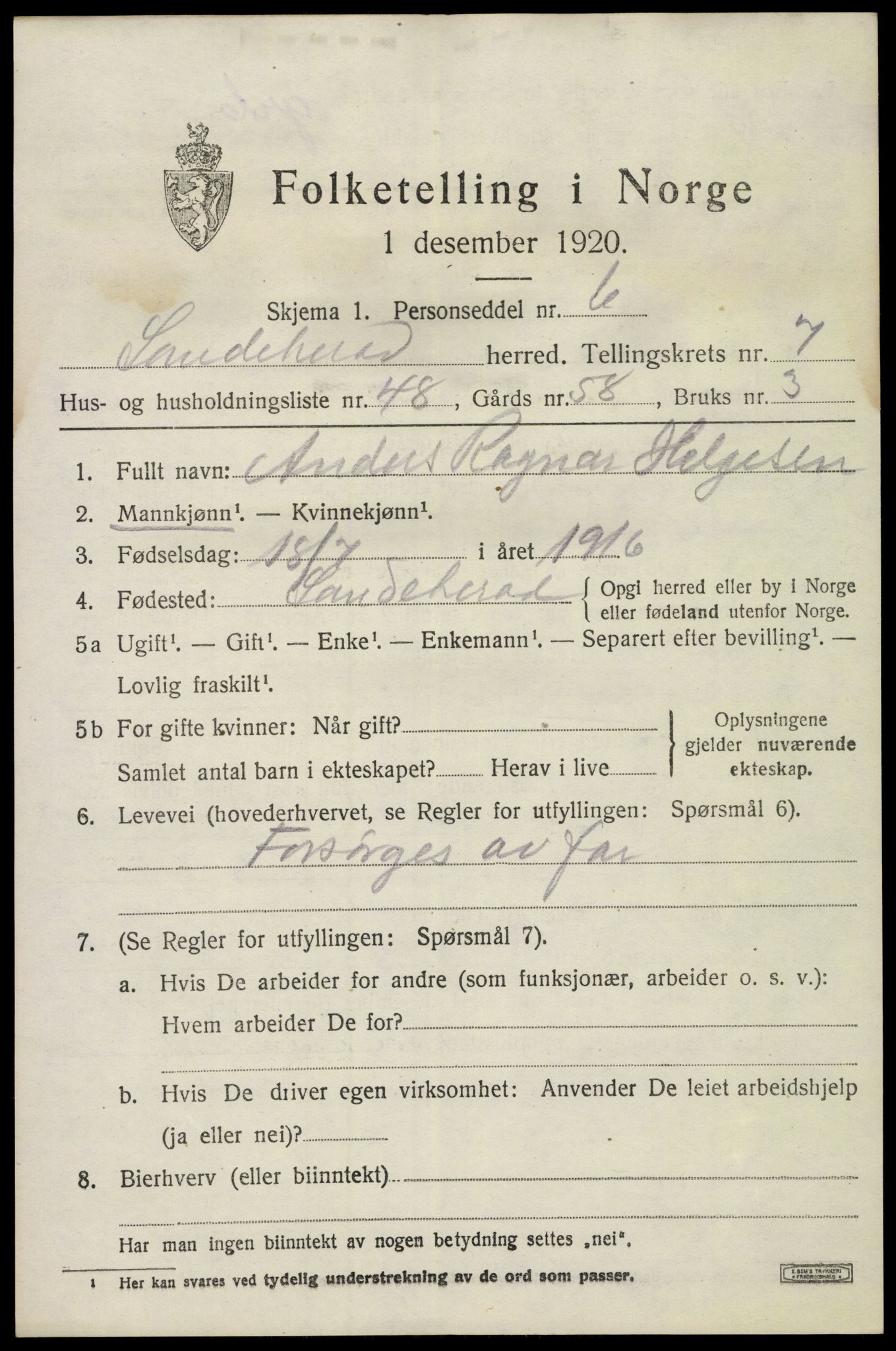 SAKO, 1920 census for Sandeherred, 1920, p. 12486