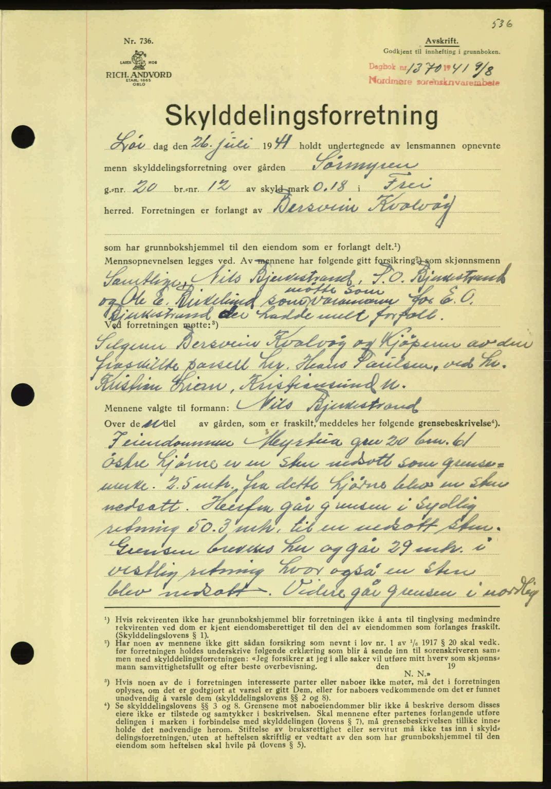 Nordmøre sorenskriveri, SAT/A-4132/1/2/2Ca: Mortgage book no. A90, 1941-1941, Diary no: : 1370/1941