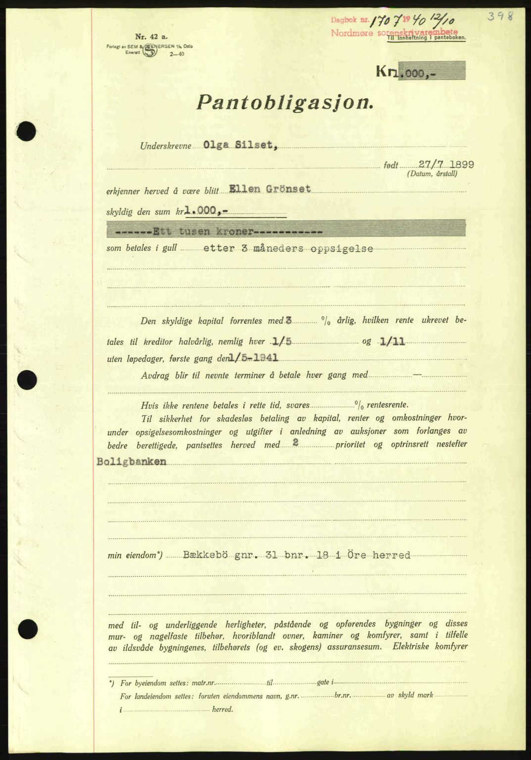 Nordmøre sorenskriveri, AV/SAT-A-4132/1/2/2Ca: Mortgage book no. B87, 1940-1941, Diary no: : 1707/1940