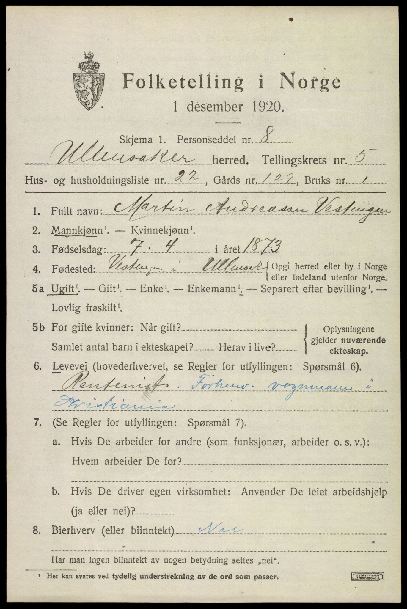 SAO, 1920 census for Ullensaker, 1920, p. 9319