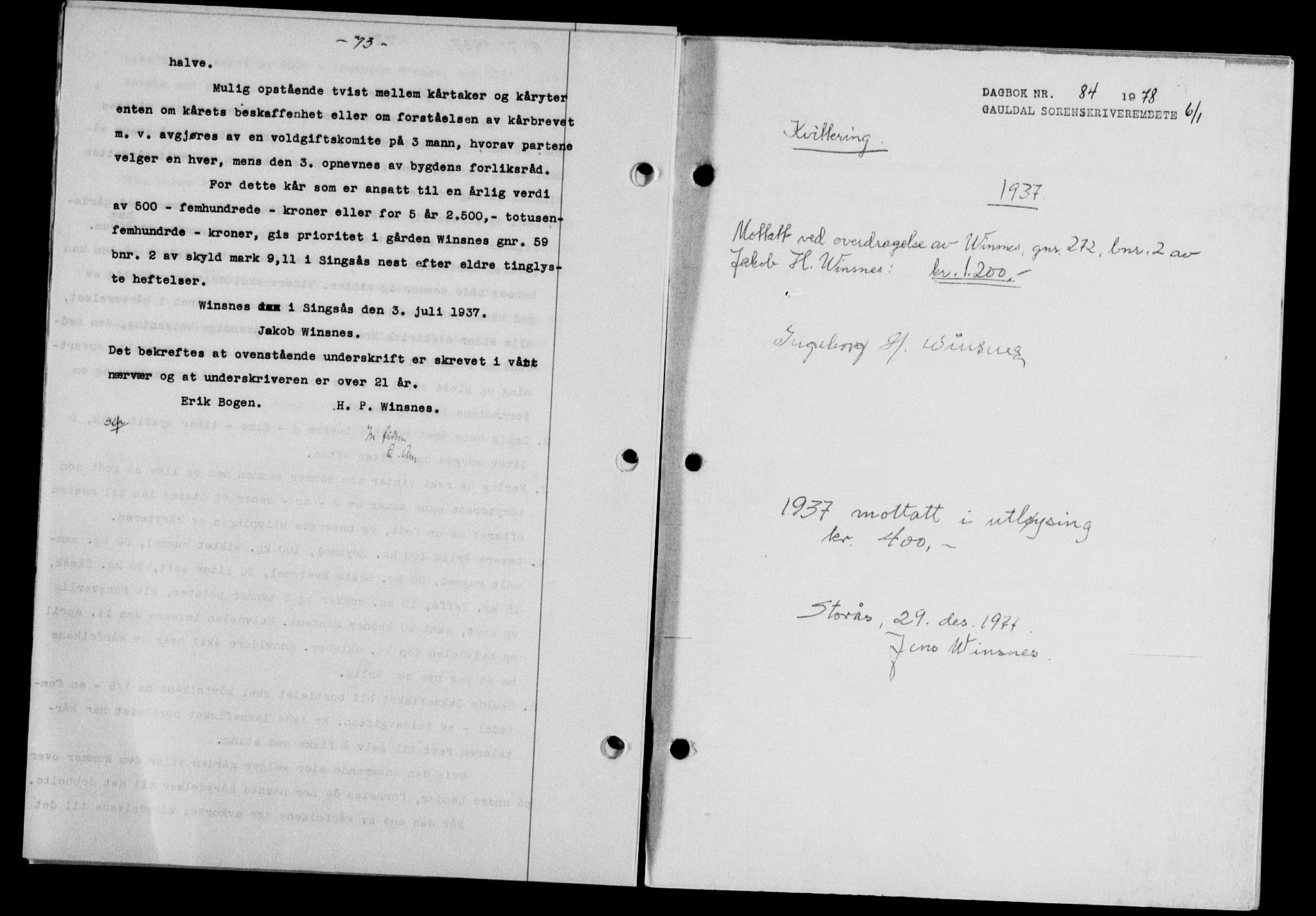 Gauldal sorenskriveri, SAT/A-0014/1/2/2C/L0047: Mortgage book no. 50-51, 1937-1937, Diary no: : 84/1978