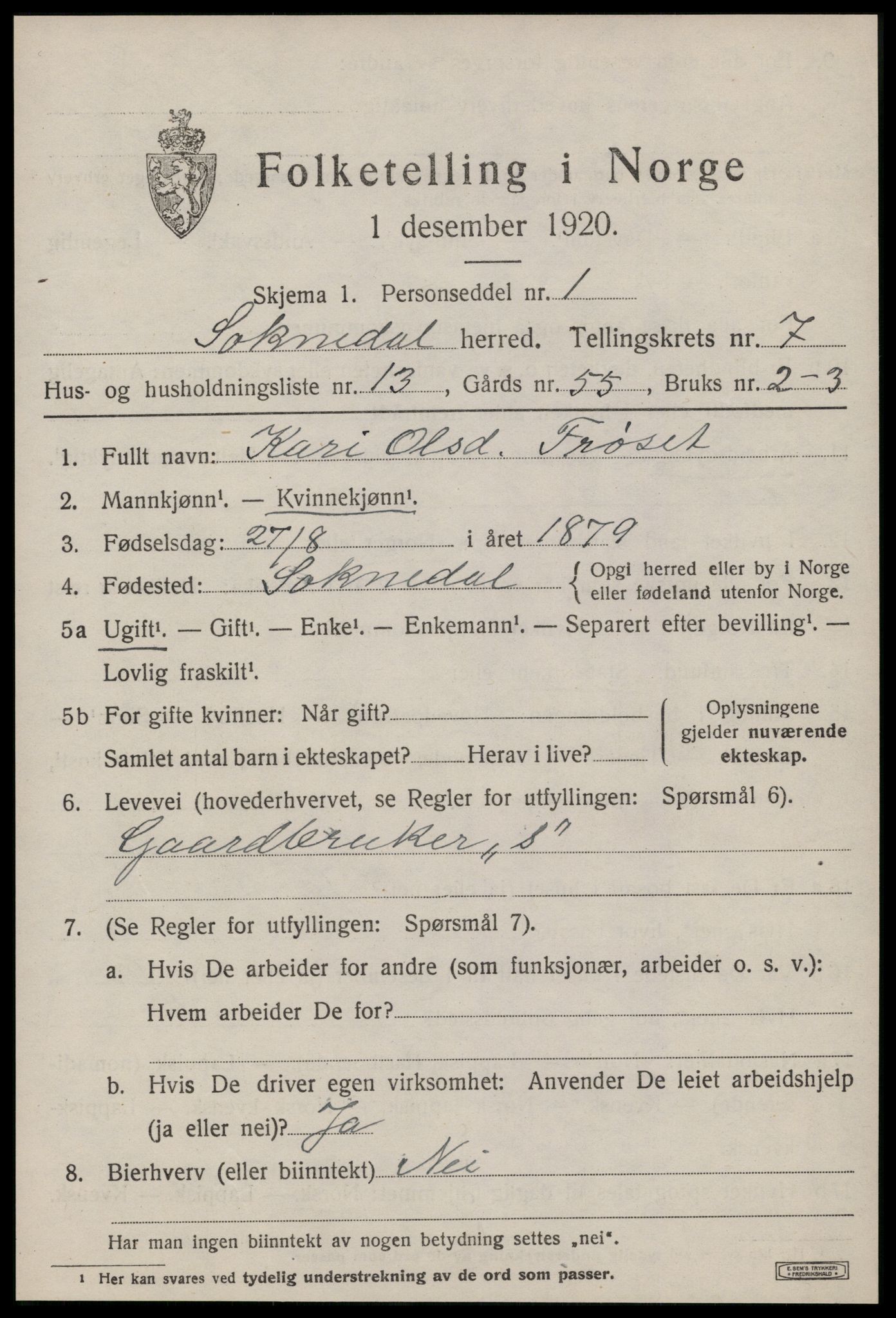 SAT, 1920 census for Soknedal, 1920, p. 3584