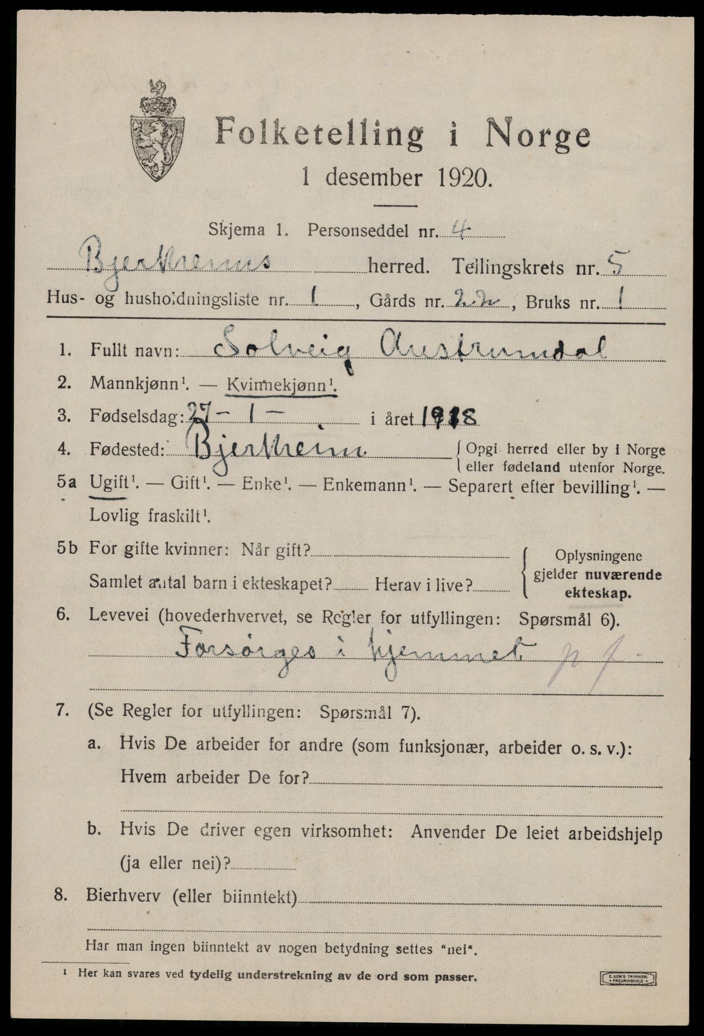 SAST, 1920 census for Bjerkreim, 1920, p. 2054