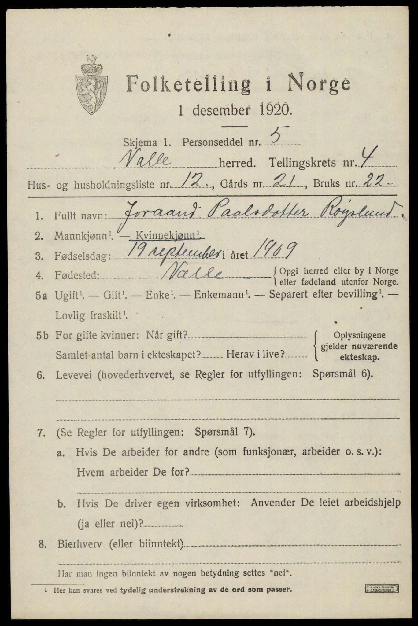 SAK, 1920 census for Valle, 1920, p. 2121