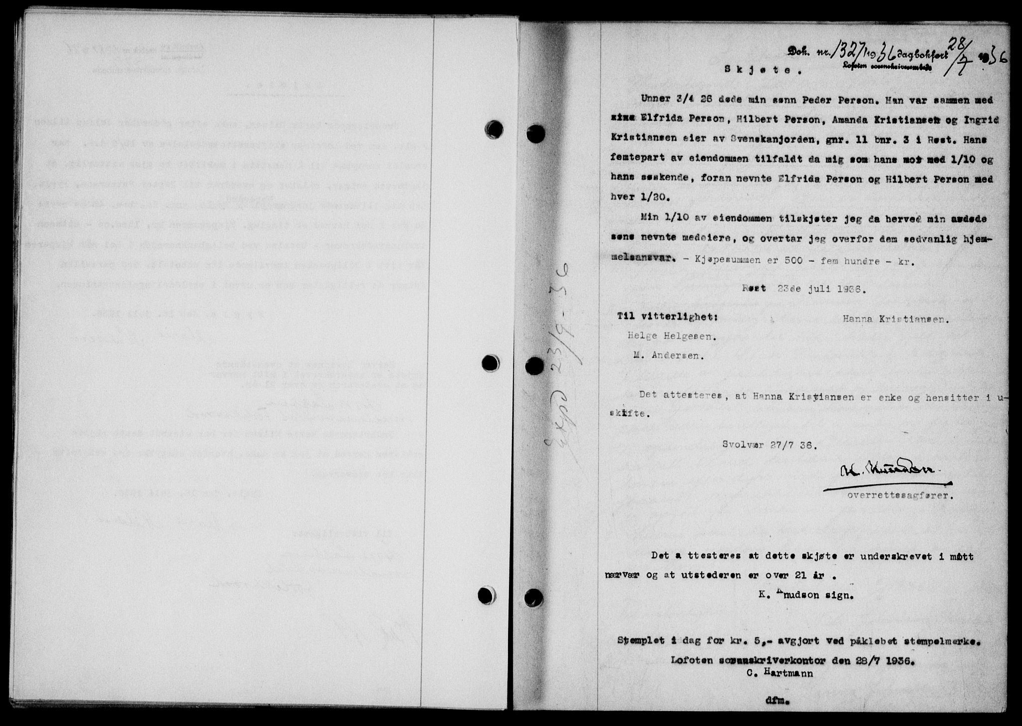 Lofoten sorenskriveri, SAT/A-0017/1/2/2C/L0001a: Mortgage book no. 1a, 1936-1937, Diary no: : 1327/1936