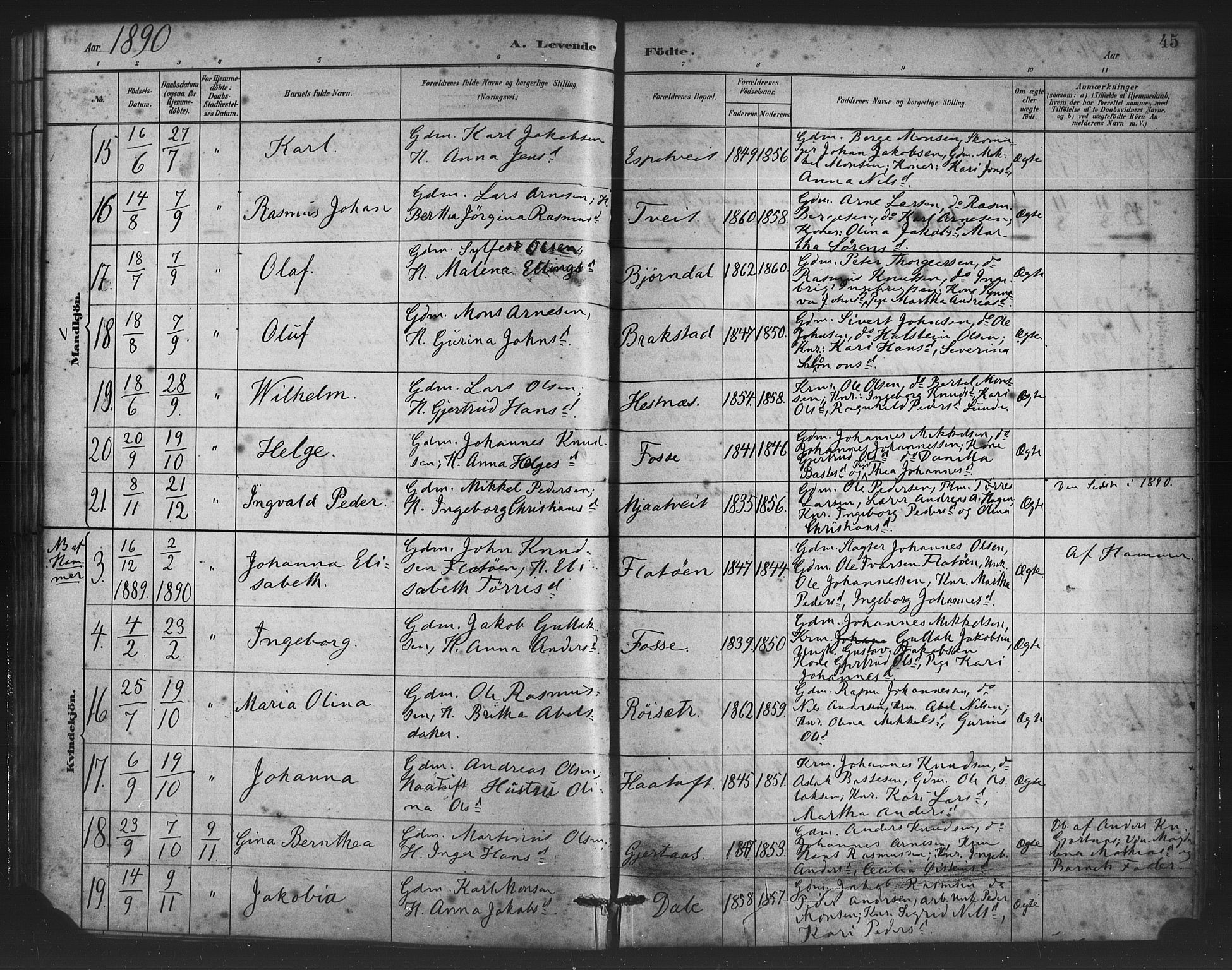 Alversund Sokneprestembete, AV/SAB-A-73901/H/Ha/Haa/Haac/L0001: Parish register (official) no. C 1, 1882-1900, p. 45